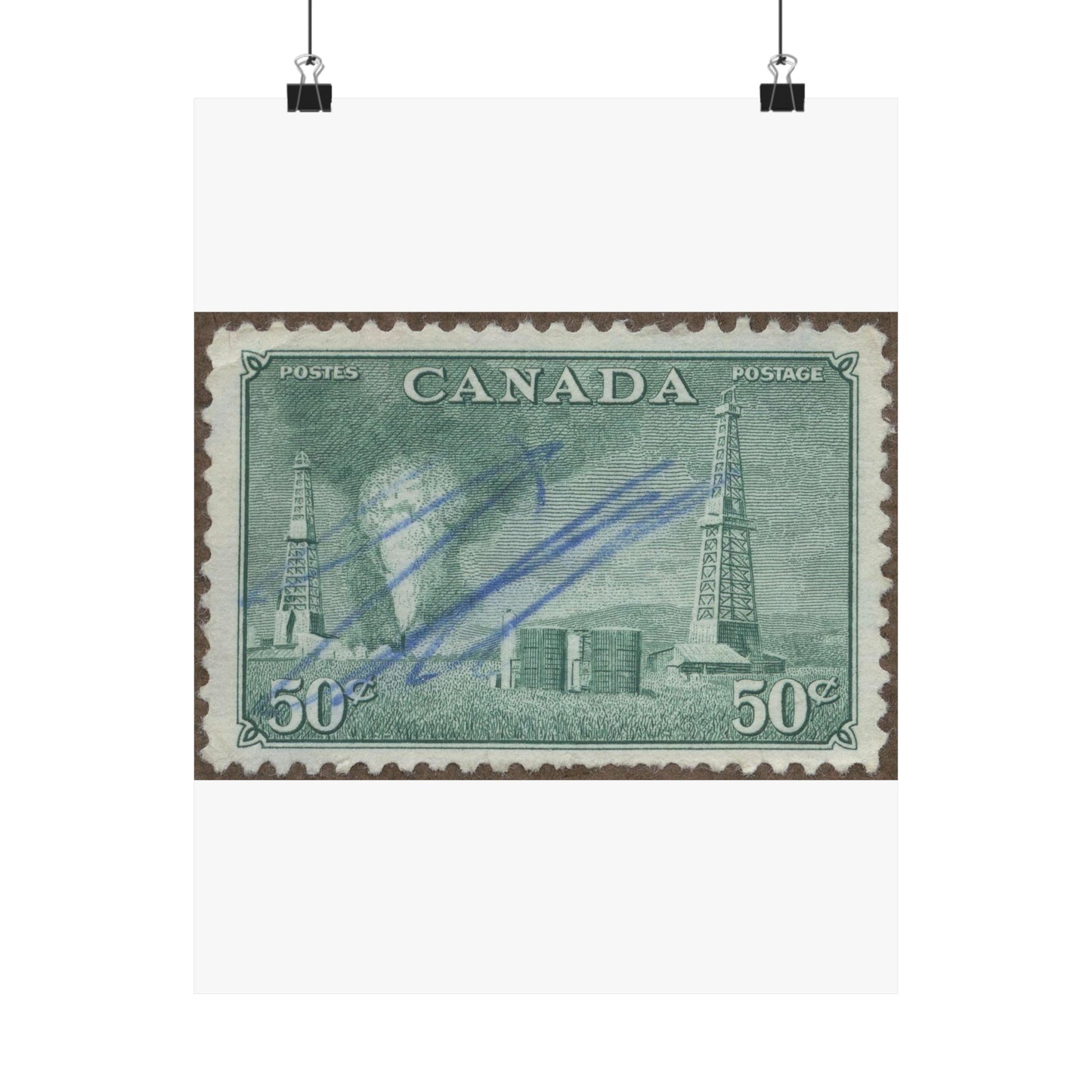 Frimärke ur Gösta Bodmans filatelistiska motivsamling, påbörjad 1950.Frimärke från Canada, 1950. Motiv av petroleumutvinning i Alberta. High Quality Matte Wall Art Poster for Home, Office, Classroom