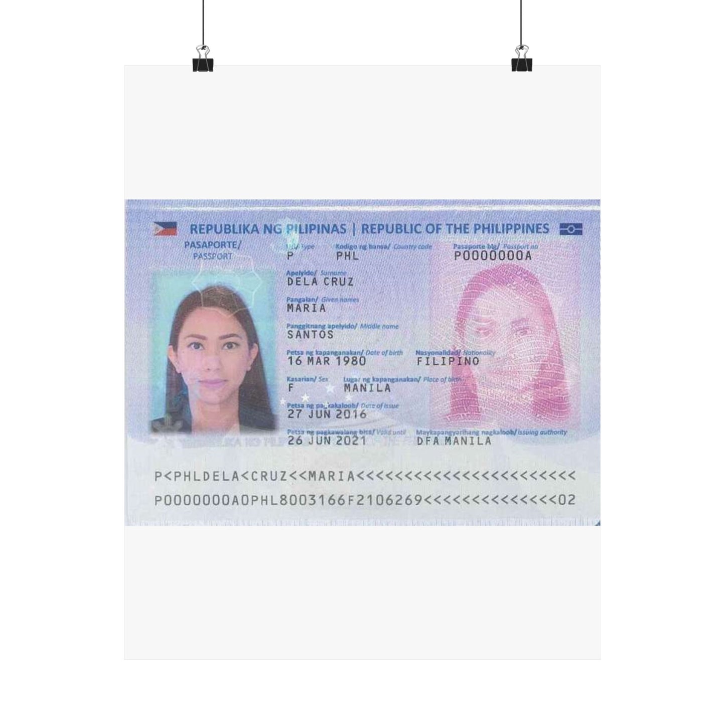 Philippine passport (2016 edition) data page (cropped) High Quality Matte Wall Art Poster for Home, Office, Classroom