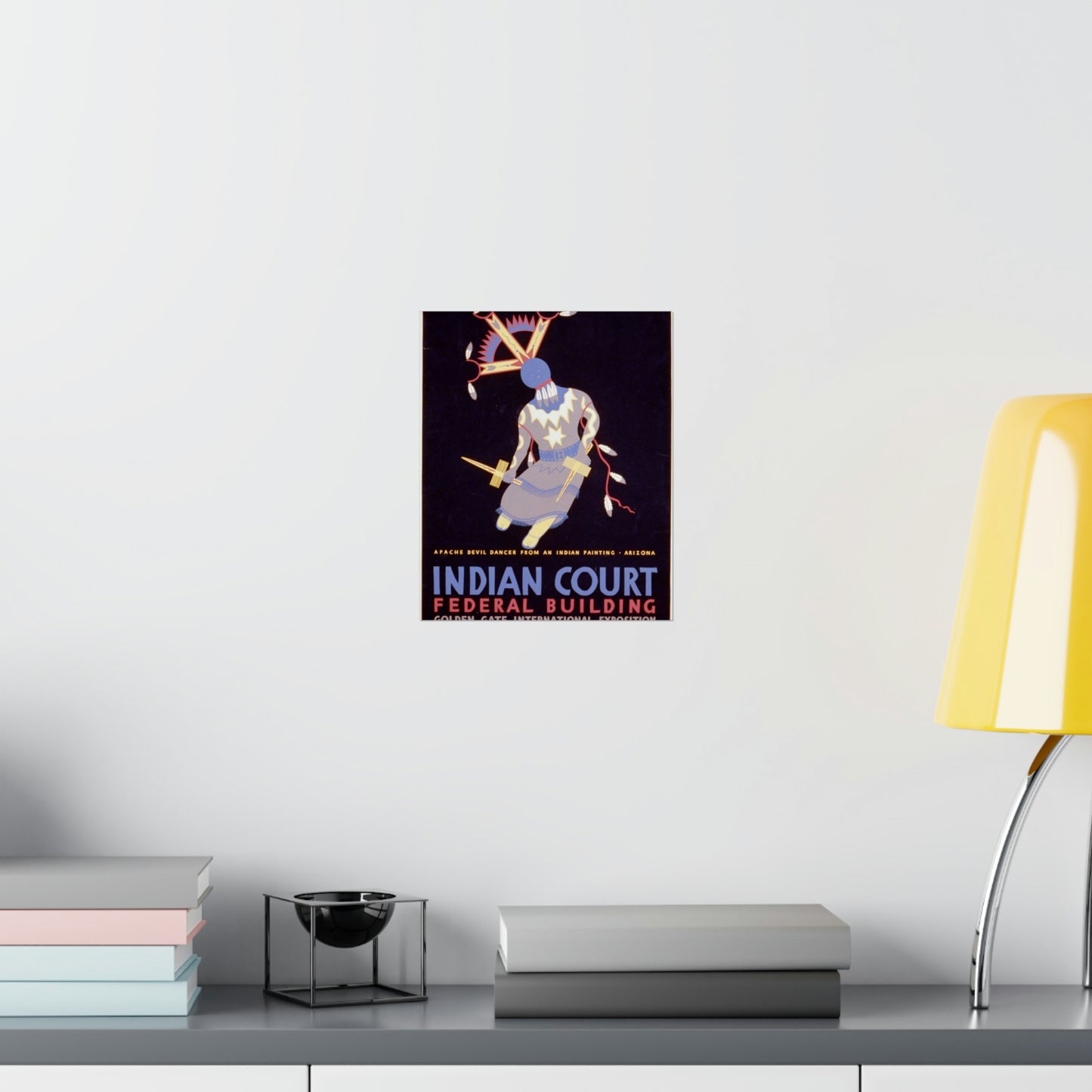 Indian court, Federal Building, Golden Gate International Exposition, San Francisco, 1939 Apache devil dancer from an Indian painting, Arizona / / Siegriest. High Quality Matte Wall Art Poster for Home, Office, Classroom