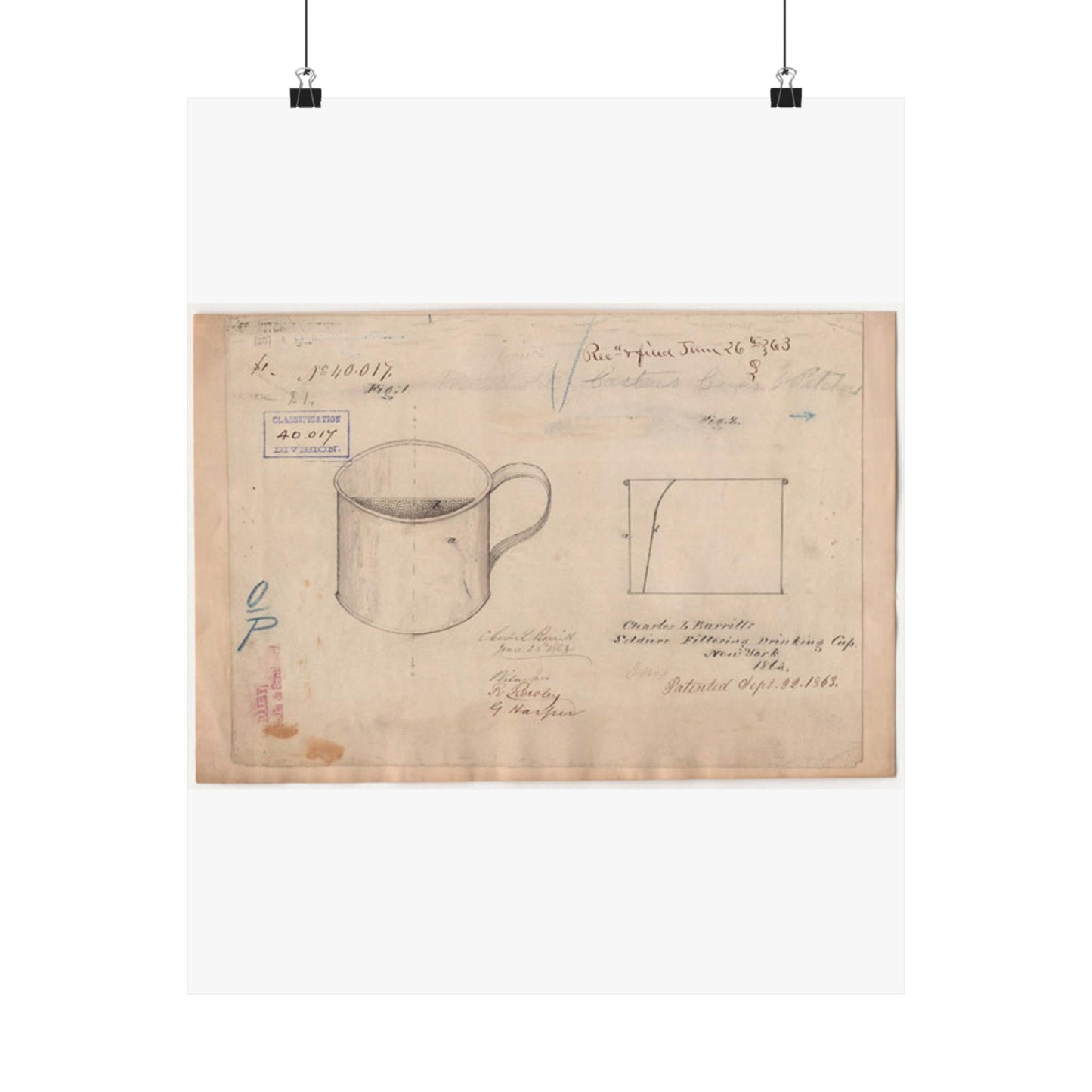 Patent drawing - Drawing of Soldiers Filtering Drinking Cup Public domain image High Quality Matte Wall Art Poster for Home, Office, Classroom