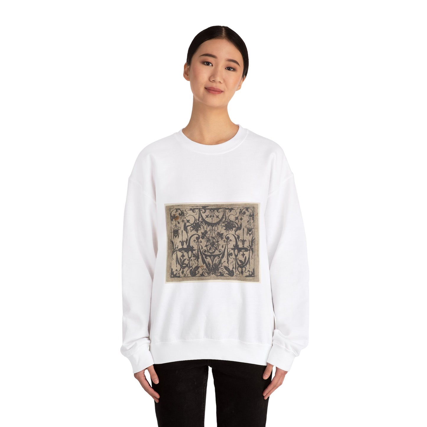 Blackwork Print with a Trophy at Center Surrounded by Grotesques and Swag Drapery White Heavy Blend Adult Crew Neck SweatShirt
