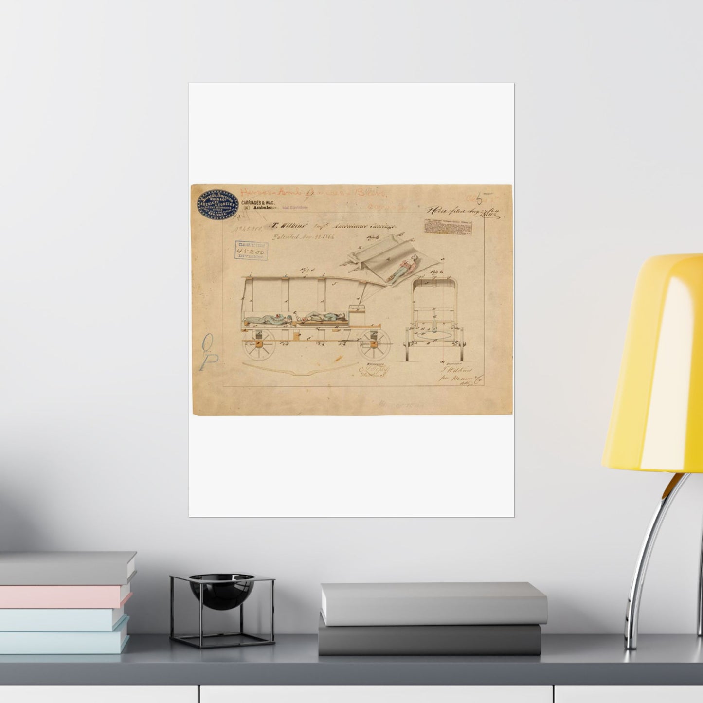 Patent drawing - Drawing of Improved Ambulance Carriage Public domain image High Quality Matte Wall Art Poster for Home, Office, Classroom