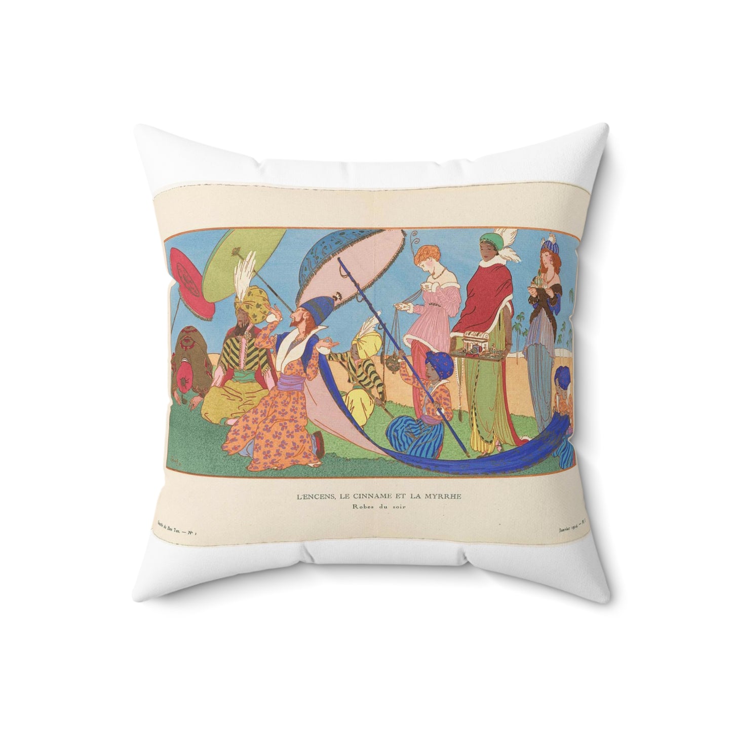 Gazette du Bon Ton, 1914 - No. 1, Pl. I: L'Encens, Le Cinname et la Myrrhe / Robes du soir. Decorative Accent Square Pillow