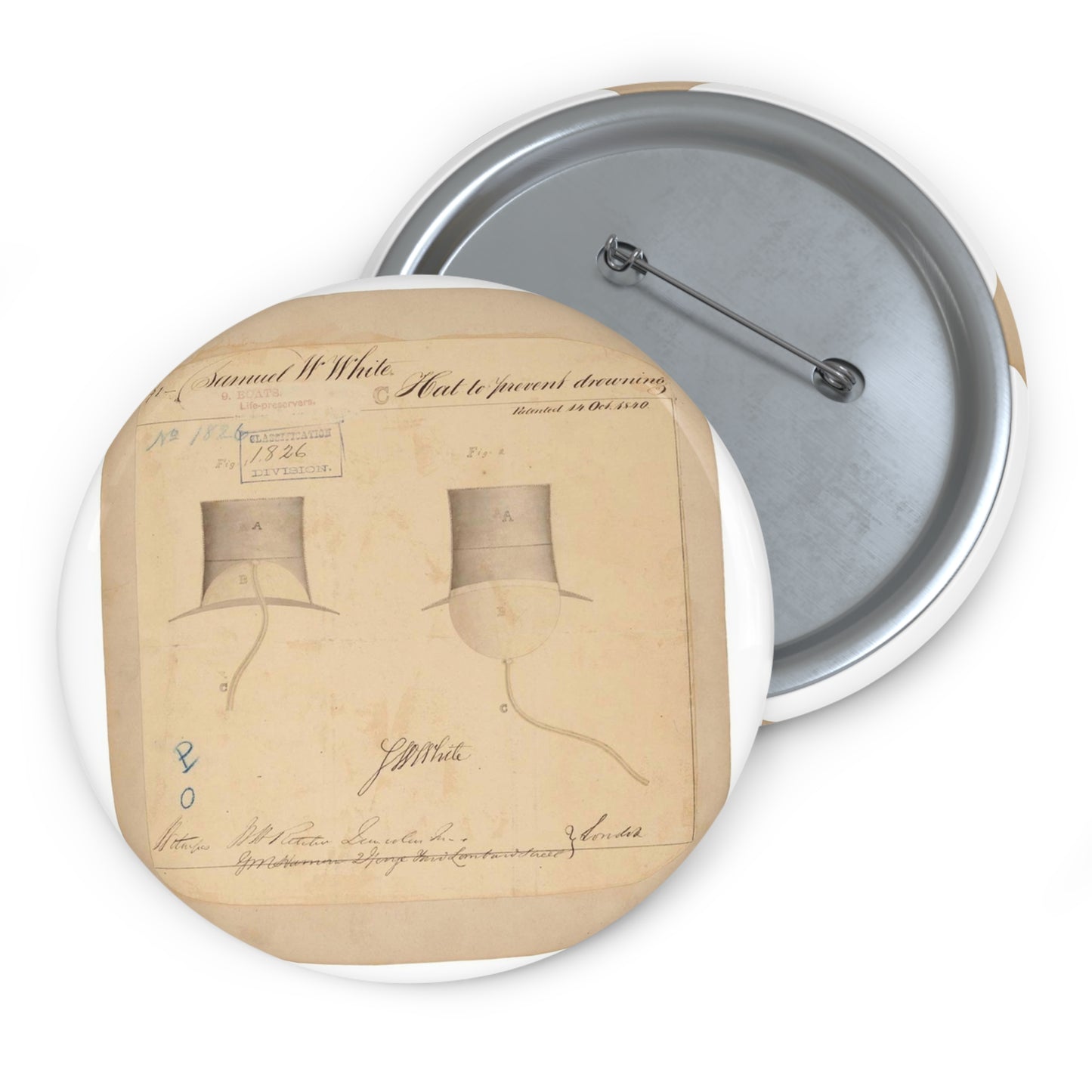 Patent drawing - Drawing of Hat to Prevent Drowning Public domain image Pin Buttons with Crisp Design