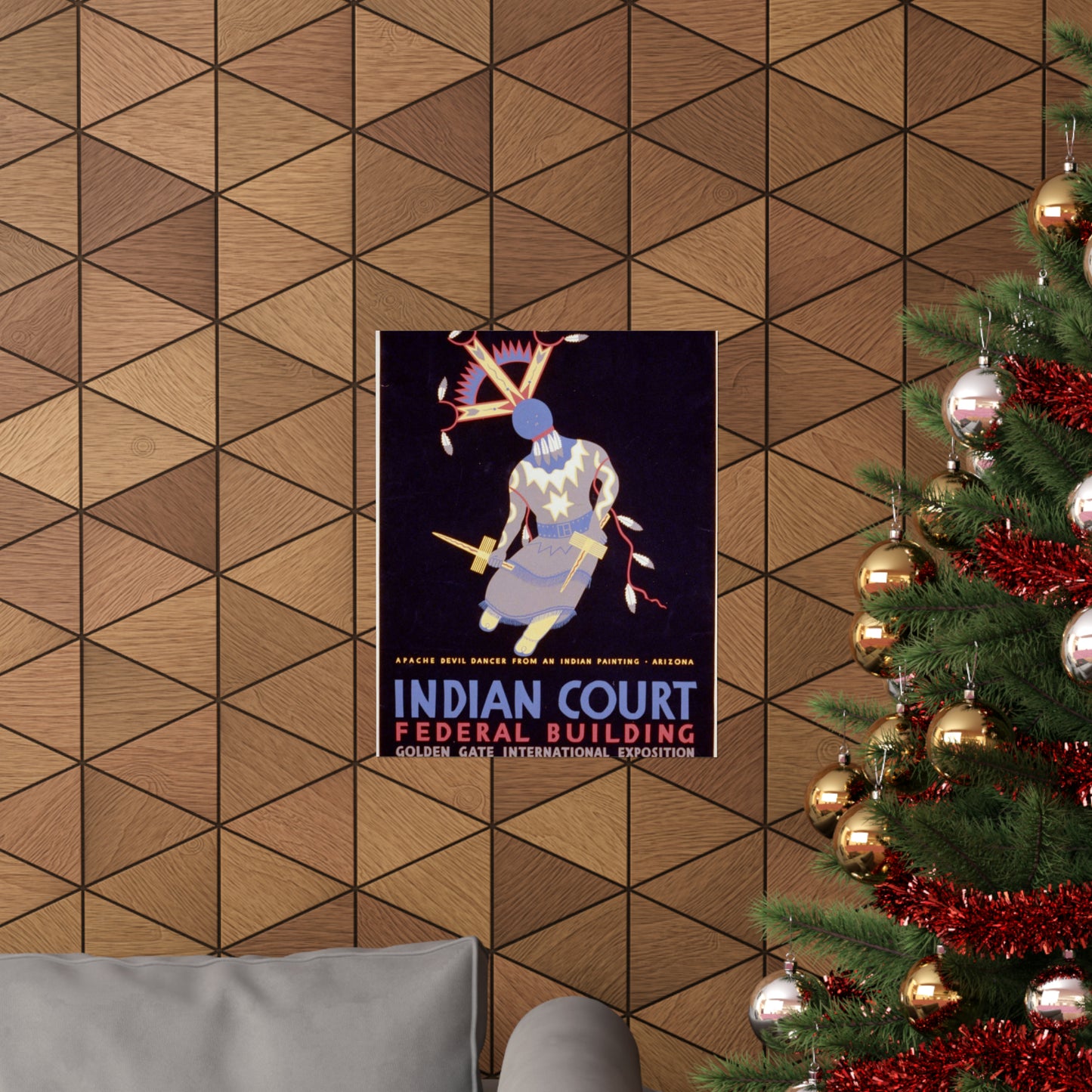 Indian court, Federal Building, Golden Gate International Exposition, San Francisco, 1939 Apache devil dancer from an Indian painting, Arizona / / Siegriest. High Quality Matte Wall Art Poster for Home, Office, Classroom