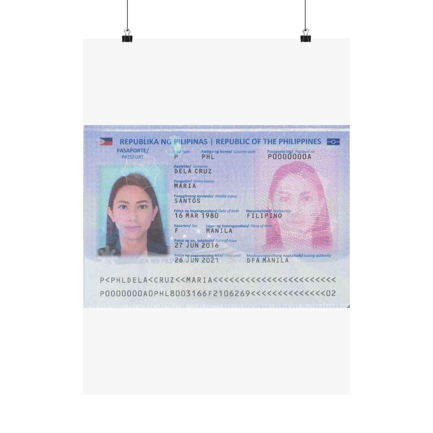 Philippine passport (2016 edition) data page (cropped) High Quality Matte Wall Art Poster for Home, Office, Classroom