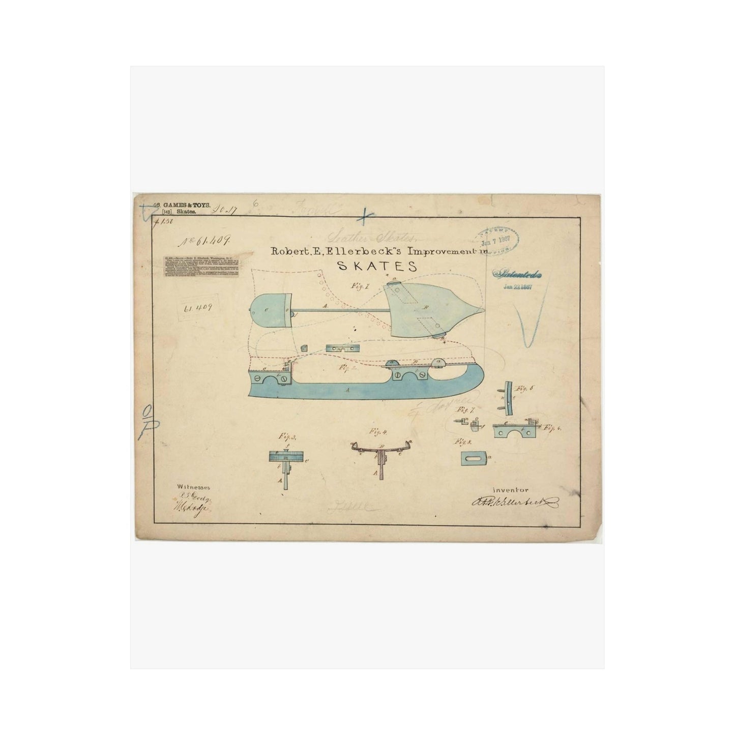 Patent drawing - Drawing of Improvement in Skates Public domain image High Quality Matte Wall Art Poster for Home, Office, Classroom