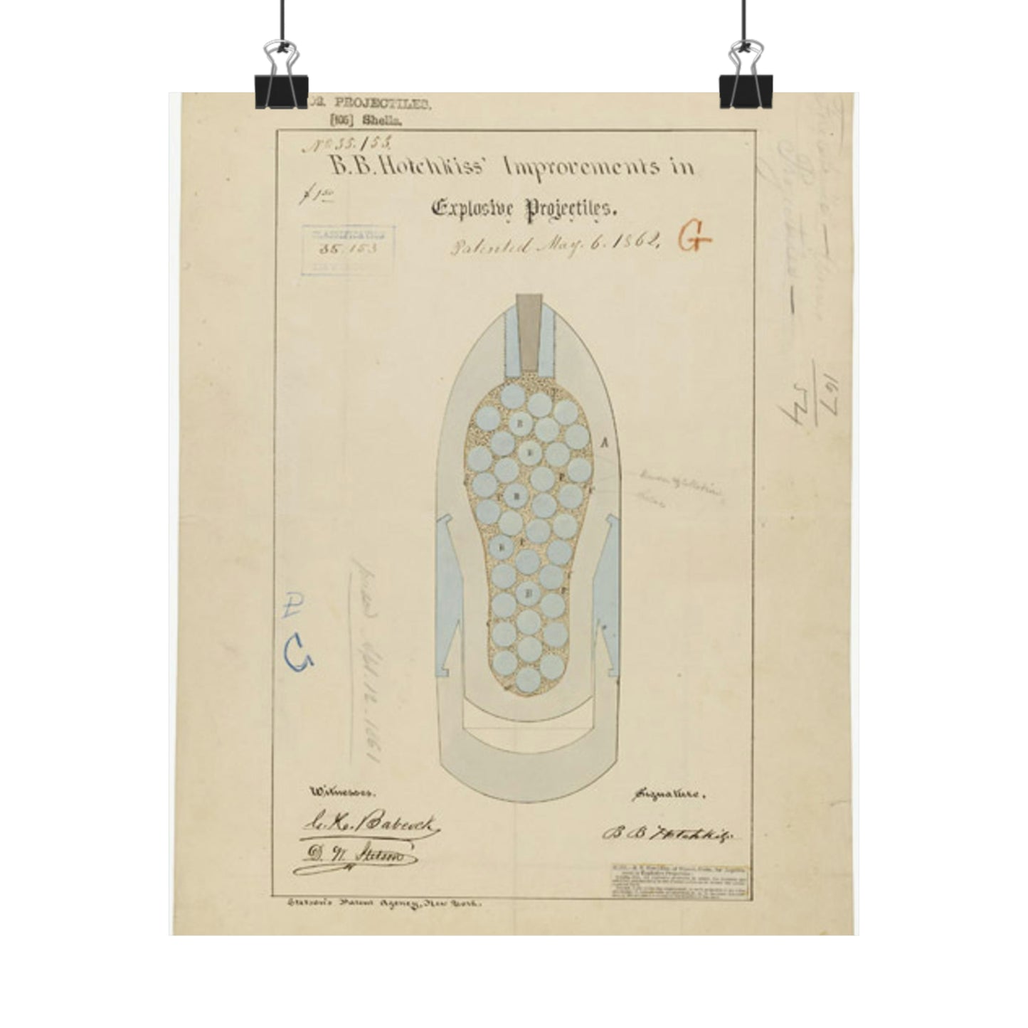 Patent drawing - Drawing of Improvements in Explosive Projectiles Public domain image High Quality Matte Wall Art Poster for Home, Office, Classroom