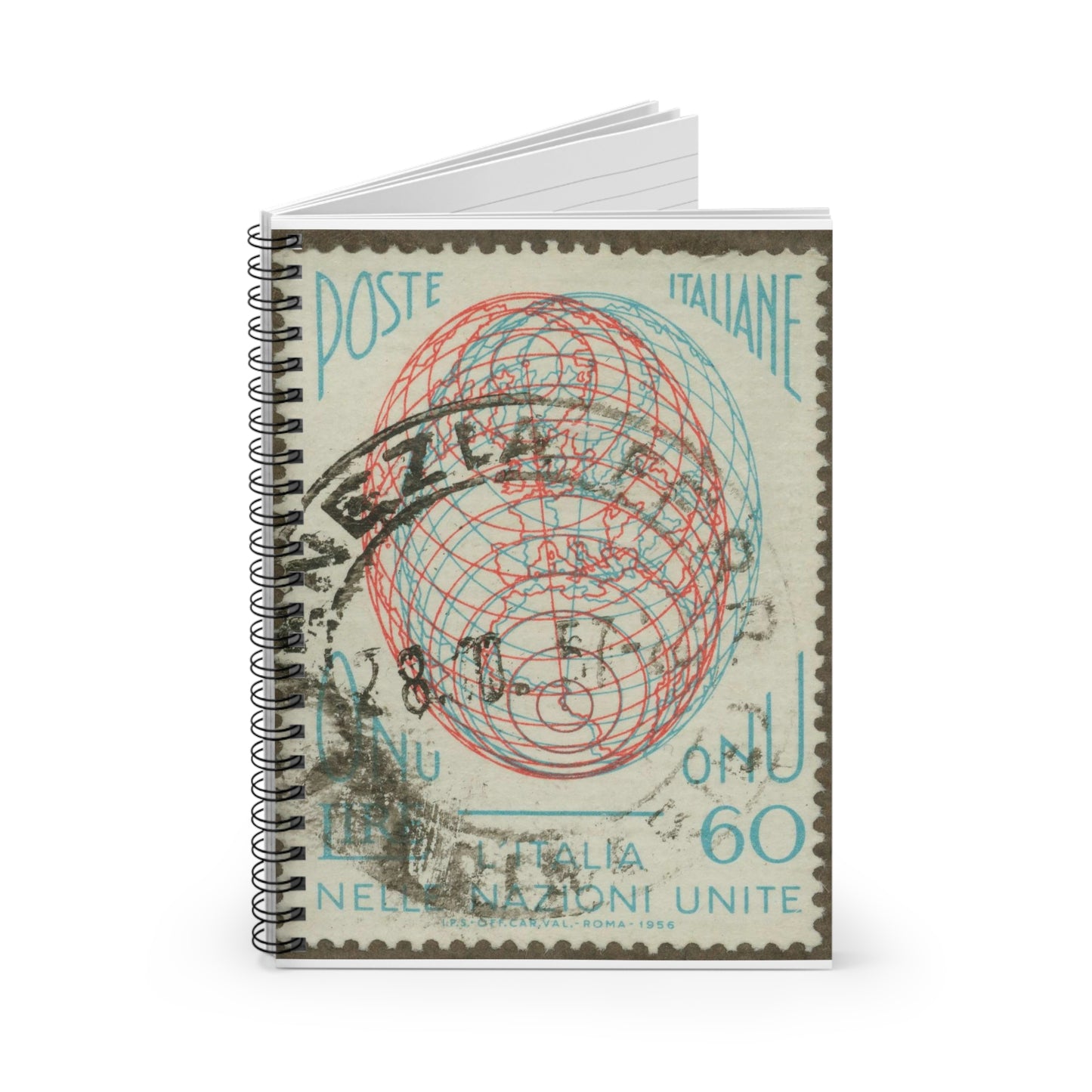 Frimärke ur Gösta Bodmans filatelistiska motivsamling, påbörjad 1950.Frimärke från Italien, 1956. Motiv av ellipsoidisk jordlob. "Italien ingår i F. N.". Spiral Bound Ruled Notebook with Printed Cover