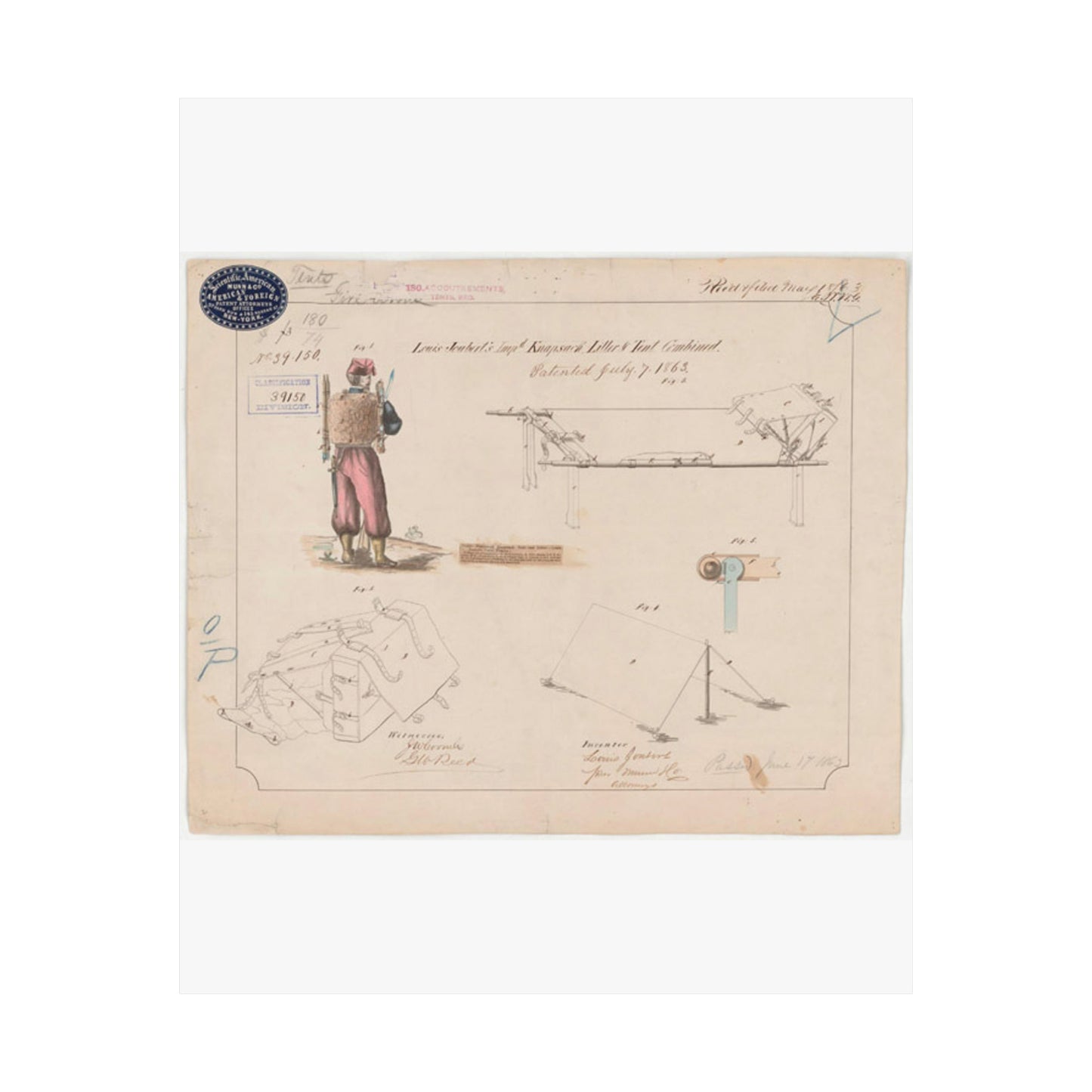 Patent drawing - Drawing of Improved Knapsack, Litter and Tent Combined Public domain image High Quality Matte Wall Art Poster for Home, Office, Classroom