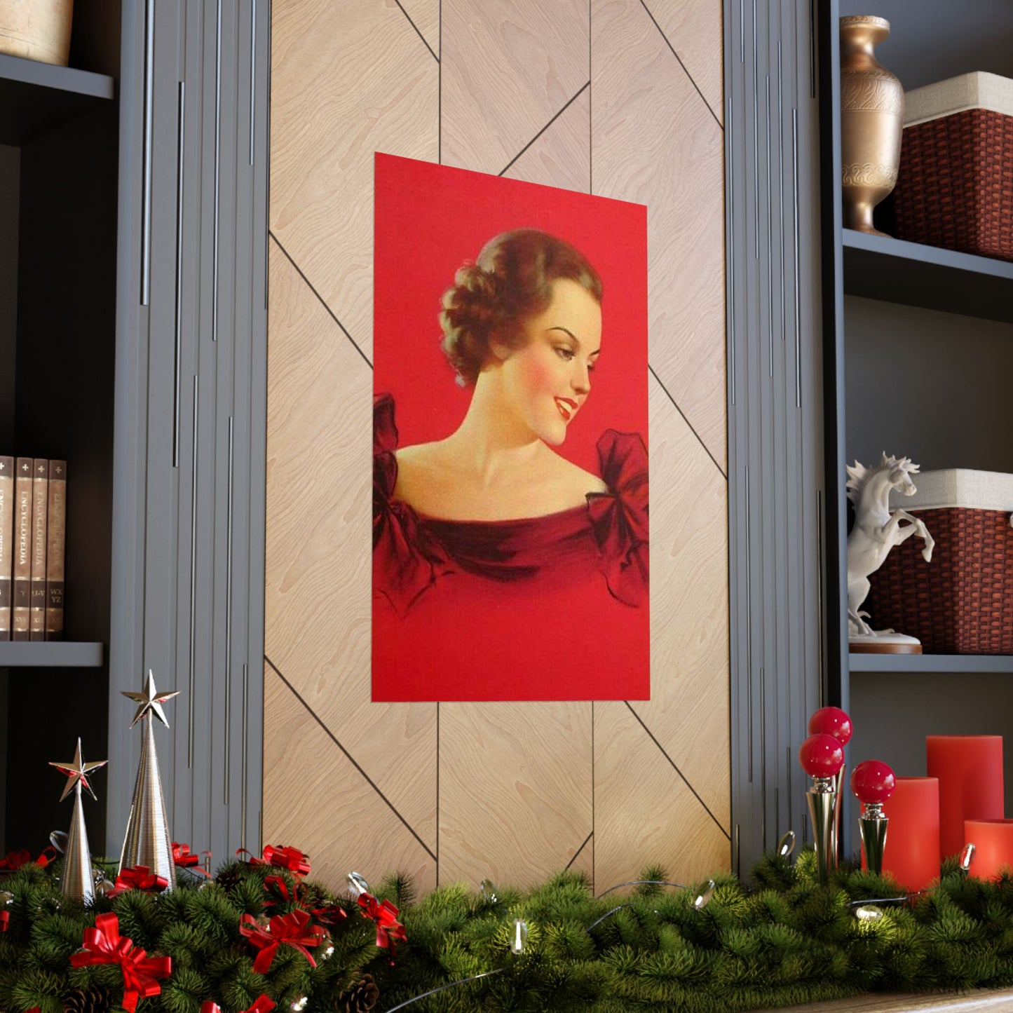 Brunette girl head, red background, painting by Edward Mason Eggleston High Quality Matte Wall Art Poster for Home, Office, Classroom