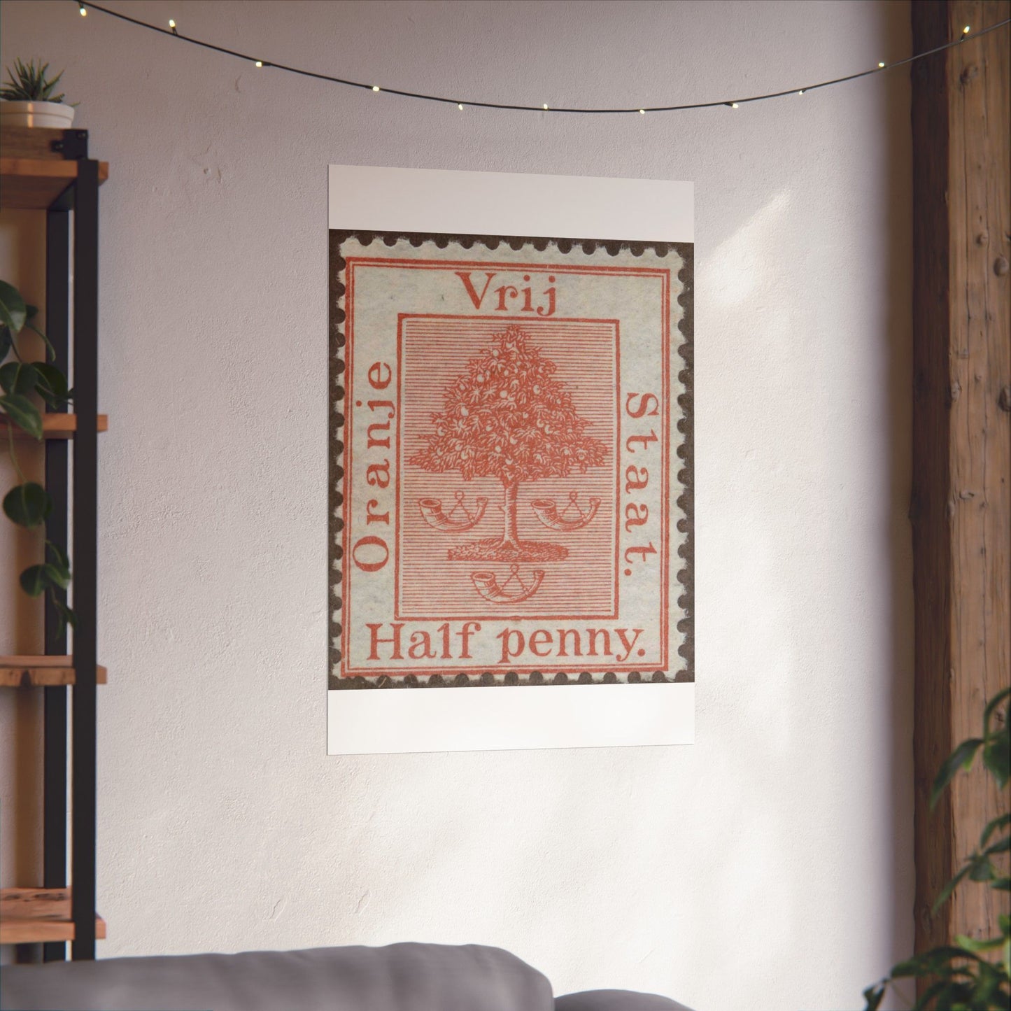 Frimärke ur Gösta Bodmans filatelistiska motivsamling, påbörjad 1950.Frimärke från Oranje -Fristaten. Motiv av apelsinträd med frukter och posthorn. High Quality Matte Wall Art Poster for Home, Office, Classroom
