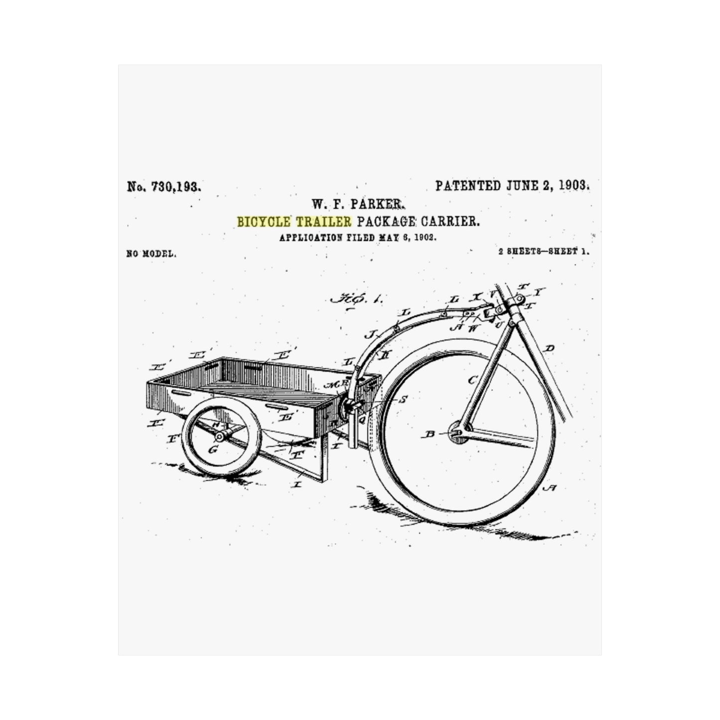 Patent Drawing of Engine - Bicycle Trailer Patent (1903) Public domain image High Quality Matte Wall Art Poster for Home, Office, Classroom