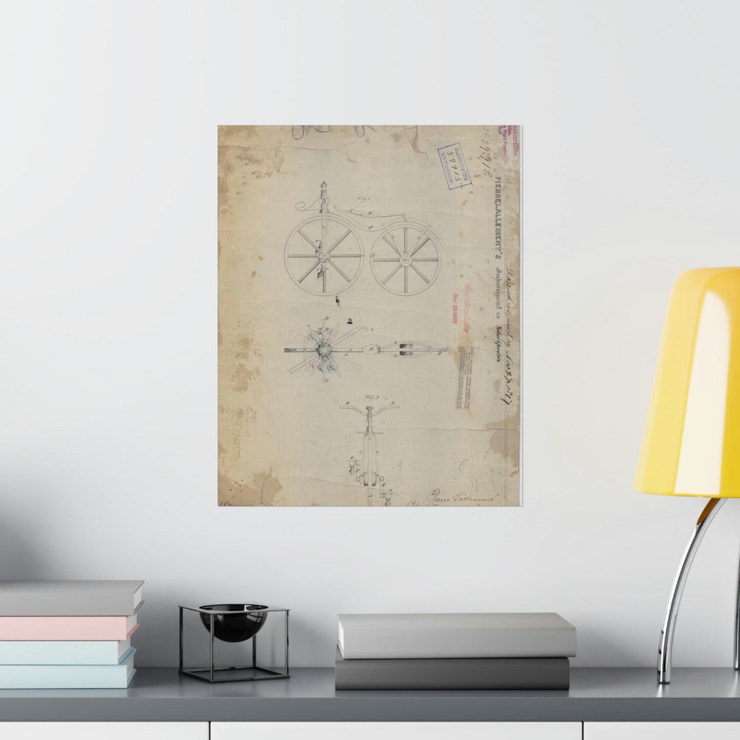 Patent drawing - for Pierre Lallement's Improvement in Velocipedes Public domain image High Quality Matte Wall Art Poster for Home, Office, Classroom