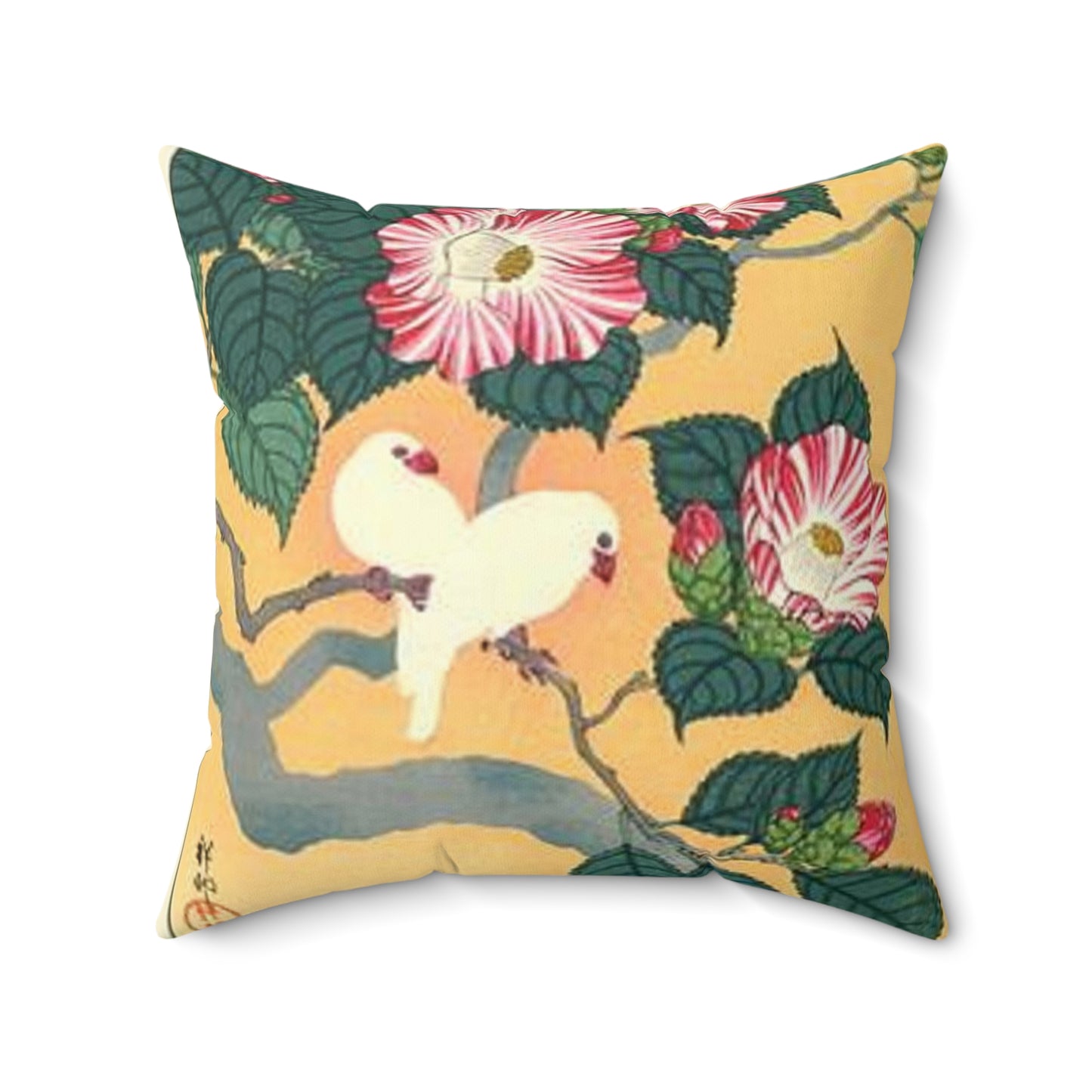 Koson - camellia-and-rice-birds-1929, Ohara Koson Decorative Accent Square Pillow