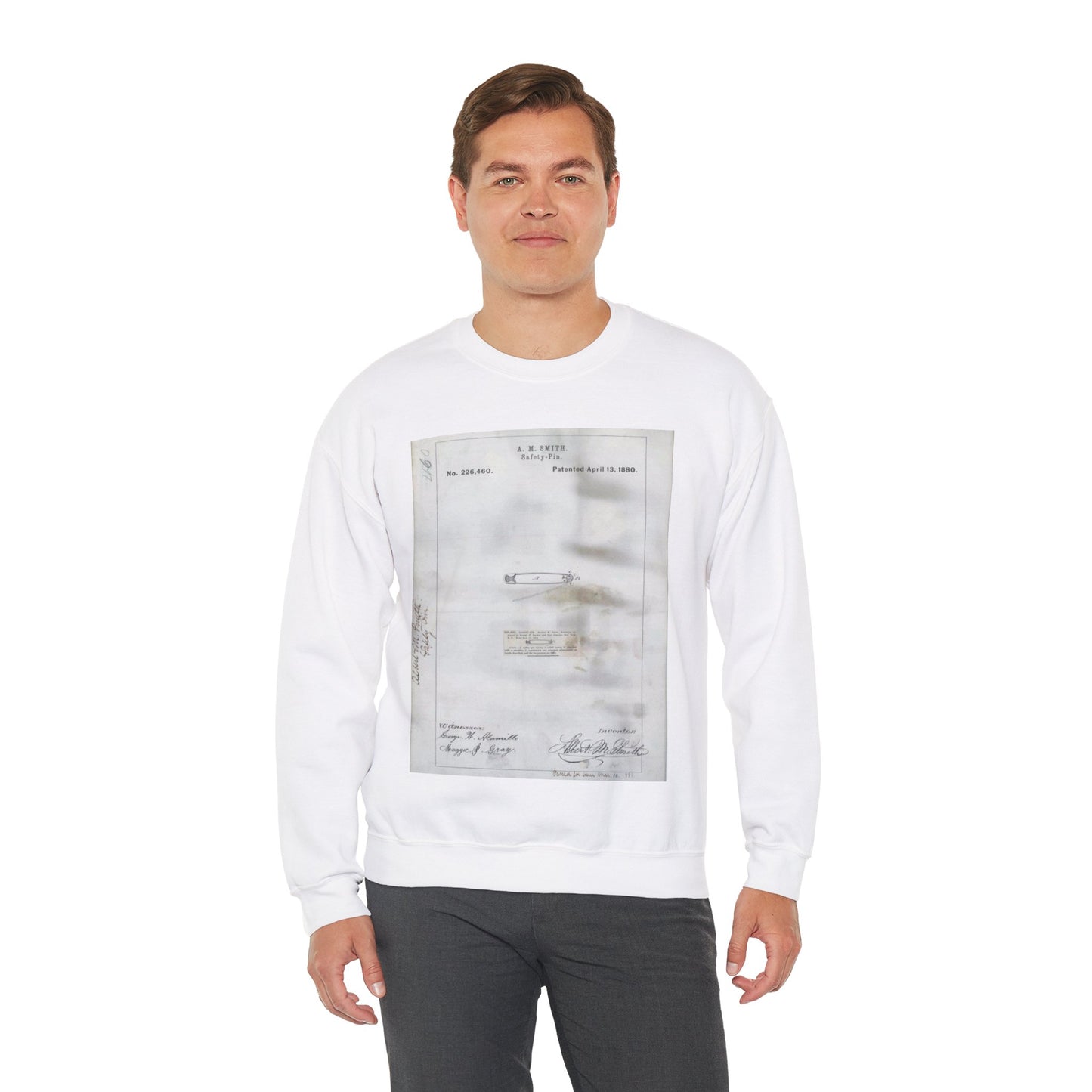 Patent drawing - for A. M. Smith's Safety Pin Public domain image White Heavy Blend Adult Crew Neck SweatShirt