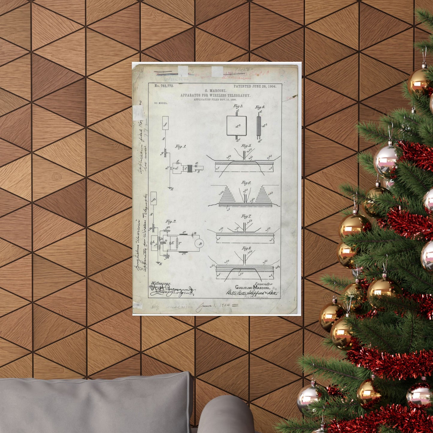 Patent drawing - for G. Marconi's Apparatus for Wireless Telegraphy Public domain image High Quality Matte Wall Art Poster for Home, Office, Classroom