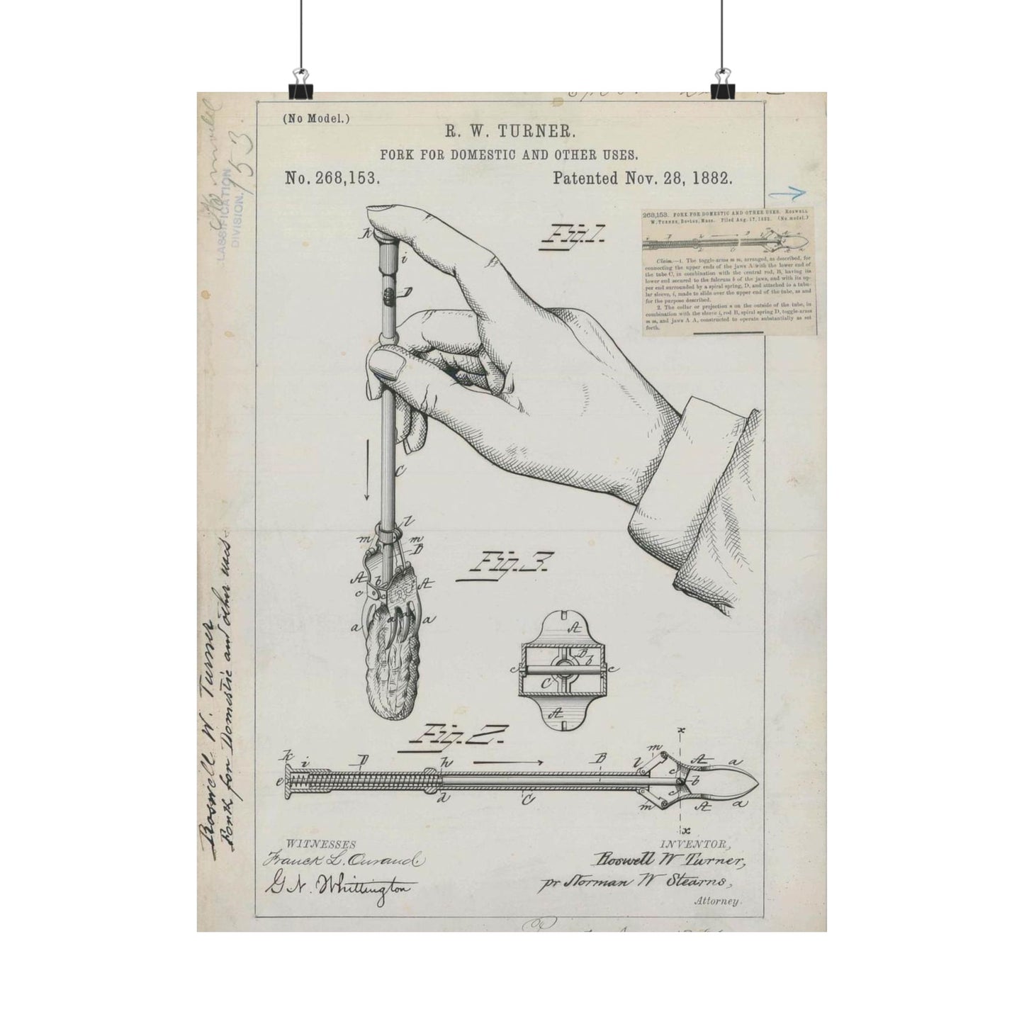 Patent drawing - for R. W. Turner's Fork for Domestic and Other Uses Public domain image High Quality Matte Wall Art Poster for Home, Office, Classroom
