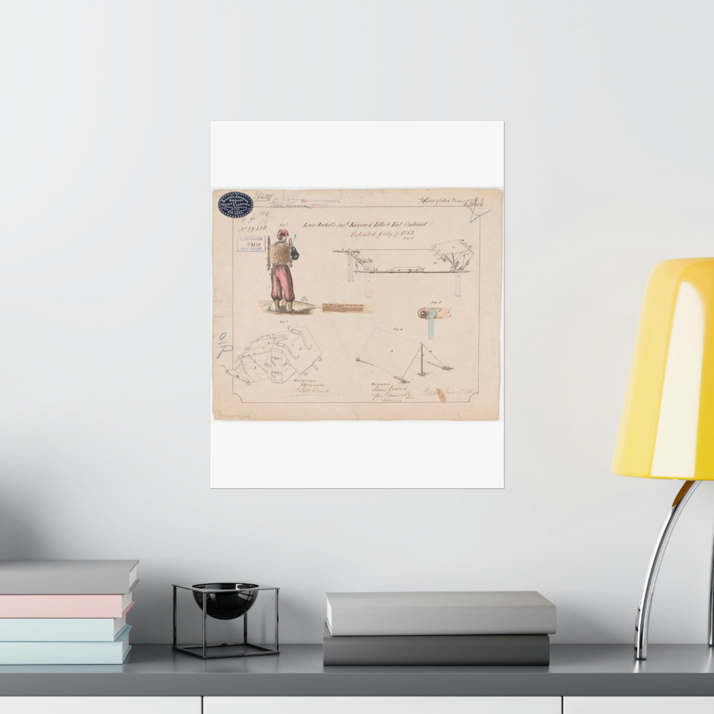 Patent drawing - Drawing of Improved Knapsack, Litter and Tent Combined Public domain image High Quality Matte Wall Art Poster for Home, Office, Classroom
