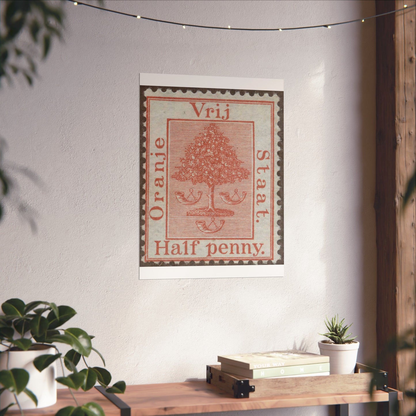 Frimärke ur Gösta Bodmans filatelistiska motivsamling, påbörjad 1950.Frimärke från Oranje -Fristaten. Motiv av apelsinträd med frukter och posthorn. High Quality Matte Wall Art Poster for Home, Office, Classroom