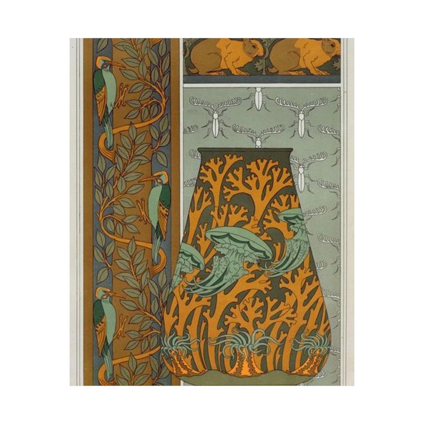Piverts et arbre, bordure verticale. Lapins et feuilles, bordure. Méduses, anémones de mer et algues, vase. Insectes, jeu de fond. High Quality Matte Wall Art Poster for Home, Office, Classroom