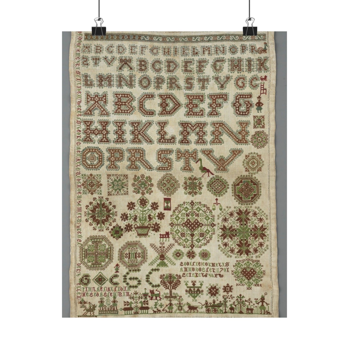 Signed and Dated Linen Sampler with Silk Embroidery High Quality Matte Wall Art Poster for Home, Office, Classroom
