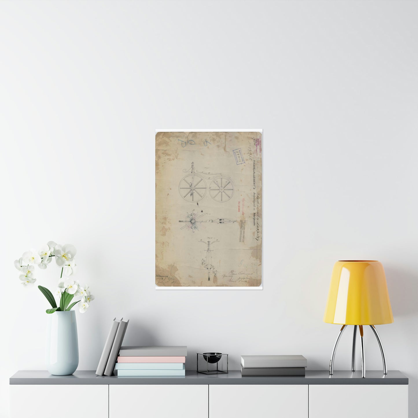 Patent drawing - for Pierre Lallement's Improvement in Velocipedes Public domain image High Quality Matte Wall Art Poster for Home, Office, Classroom