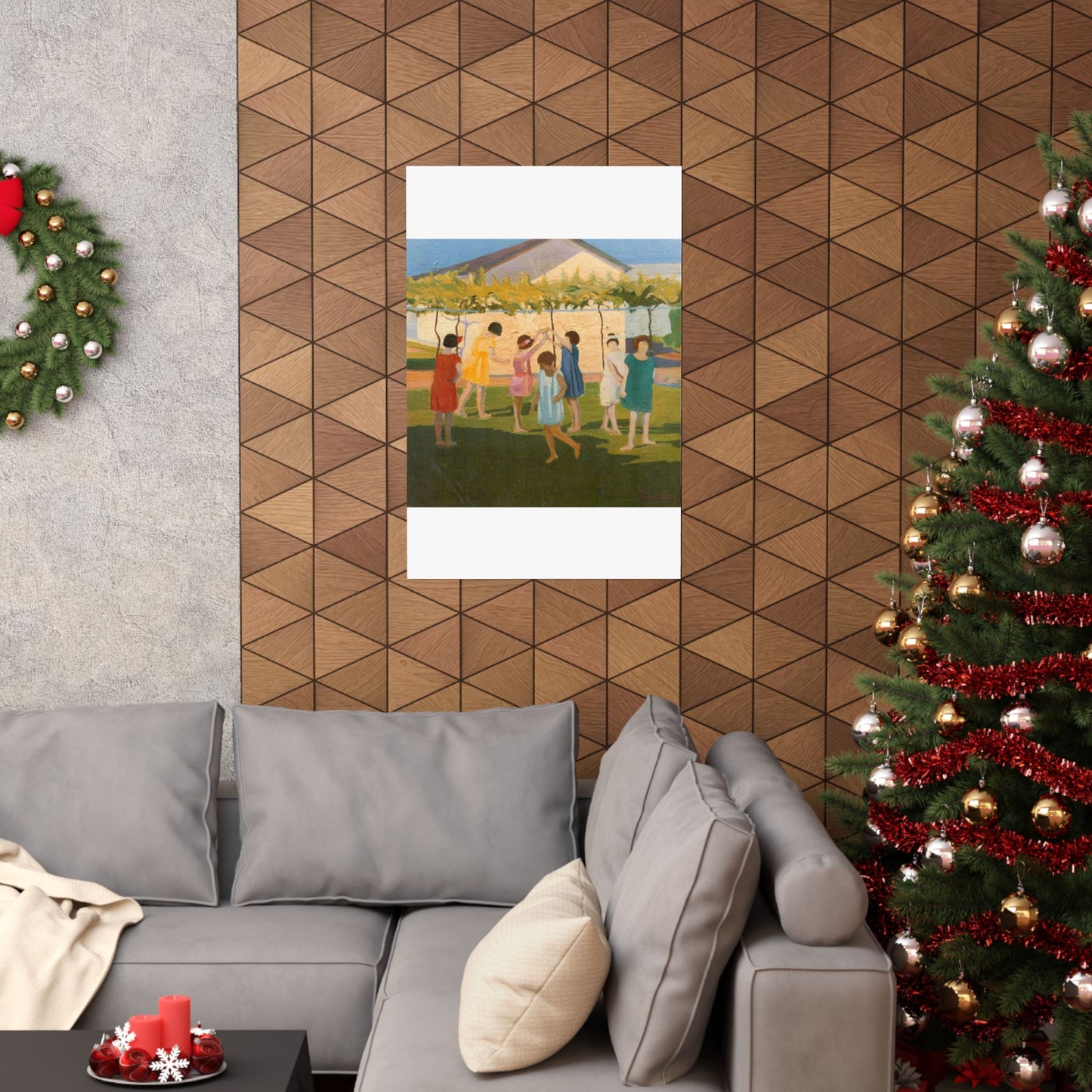 Petrona Viera - A painting of a group of children playing with a kite High Quality Matte Wall Art Poster for Home, Office, Classroom