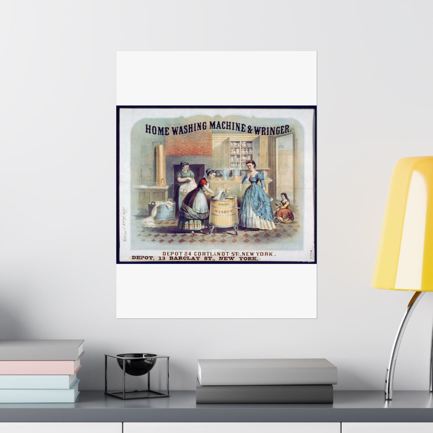 Home washing machine & wringer - A painting of women washing machines in a kitchen High Quality Matte Wall Art Poster for Home, Office, Classroom