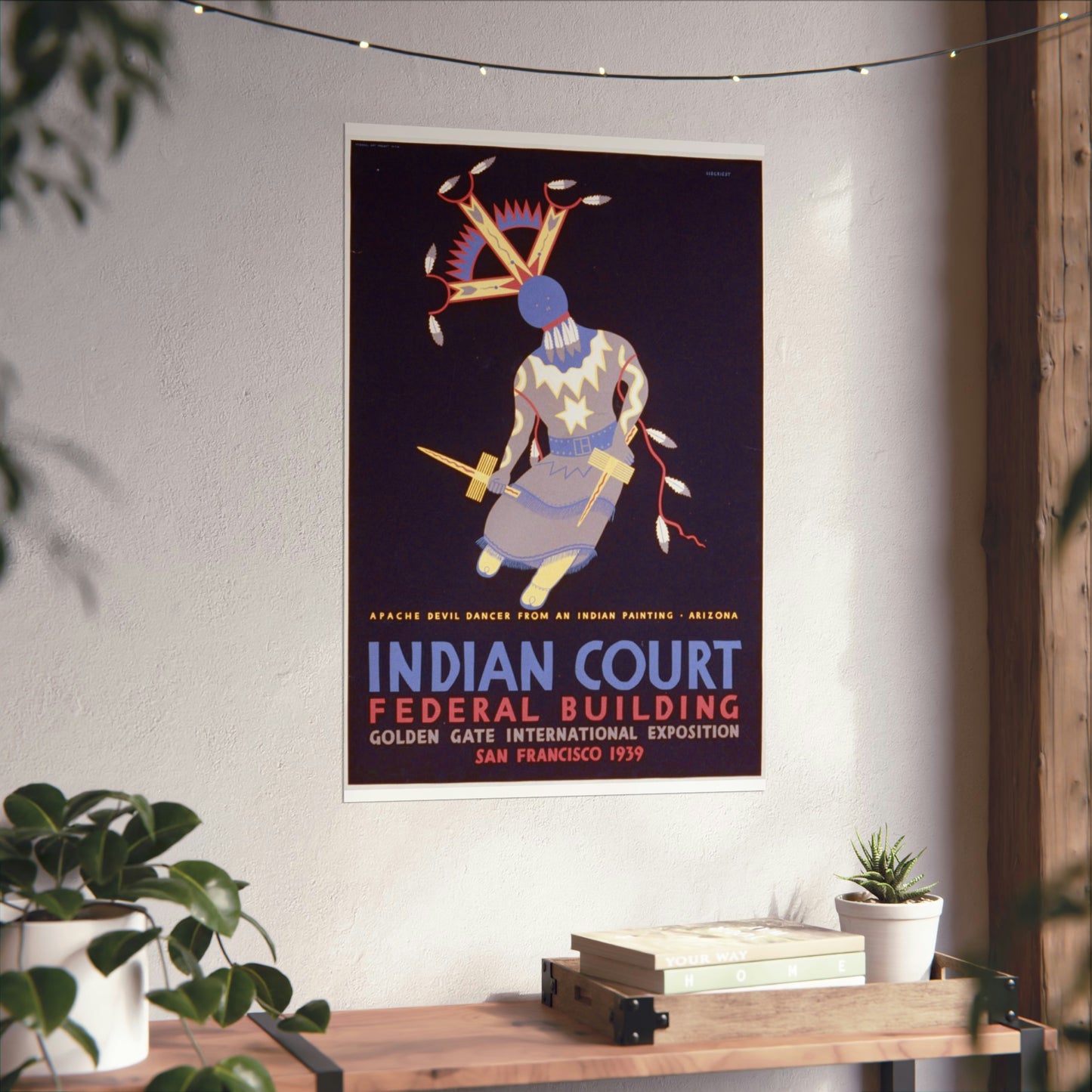 Indian court, Federal Building, Golden Gate International Exposition, San Francisco, 1939 Apache devil dancer from an Indian painting, Arizona / / Siegriest. High Quality Matte Wall Art Poster for Home, Office, Classroom