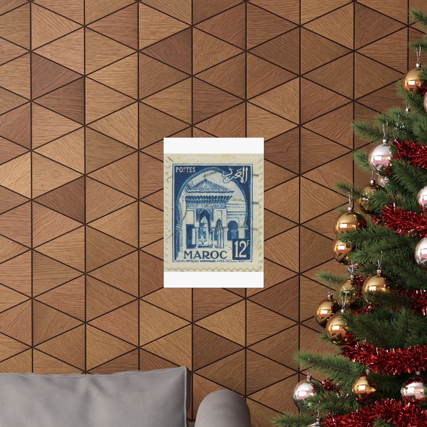 Frimärke ur Gösta Bodmans filatelistiska motivsamling, påbörjad 1950.Frimärke från Franska Marocko, 1951. Motiv av moskéen Karaouin. High Quality Matte Wall Art Poster for Home, Office, Classroom