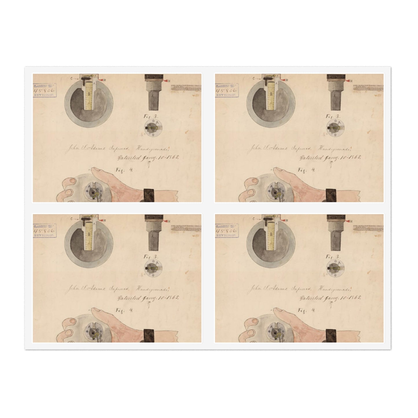 Patent drawing - Drawing of Improved Hand Grenade Public domain image Laminated UV Protective Vinyl Stickers