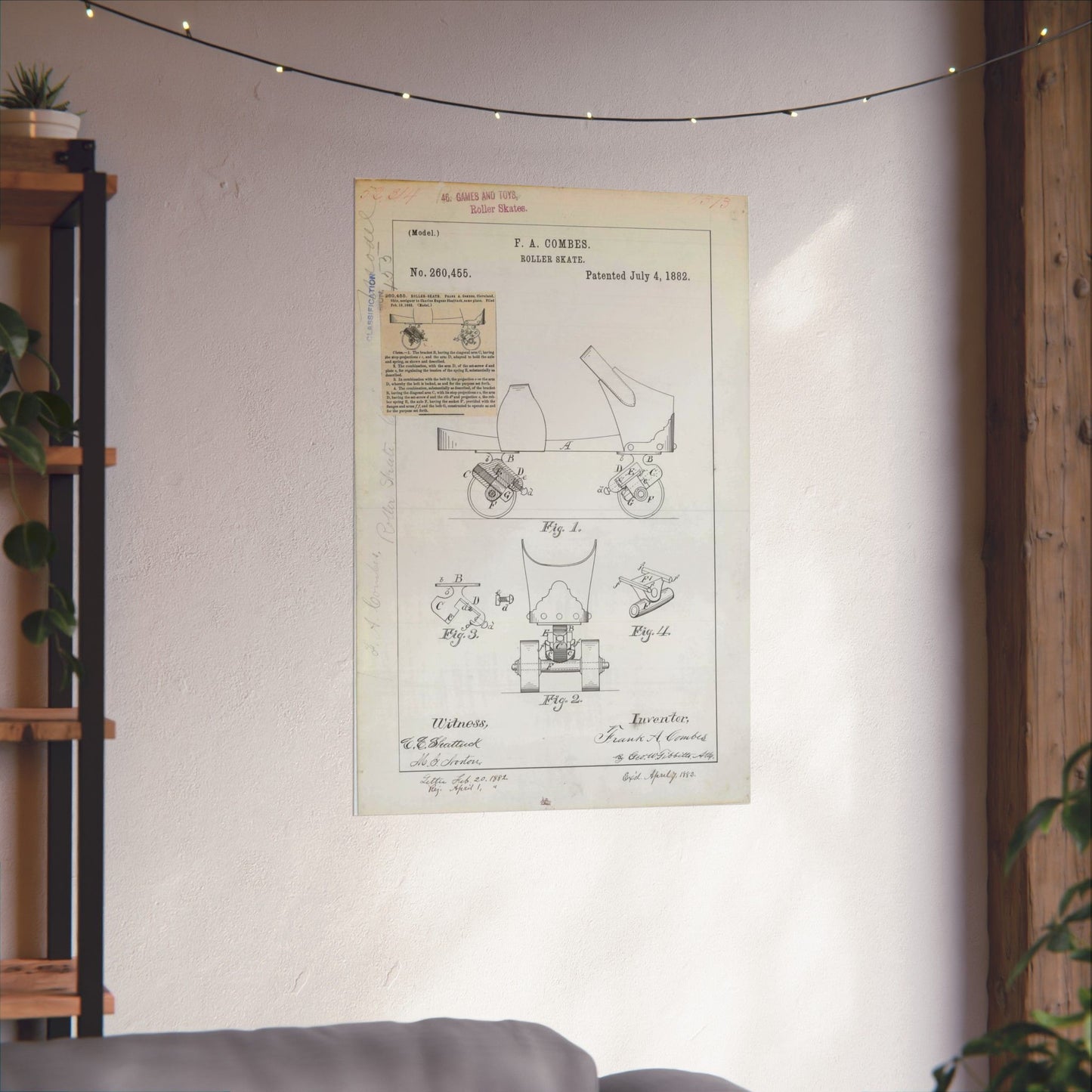 Patent drawing - for F. A. Combes' Roller Skate Public domain image High Quality Matte Wall Art Poster for Home, Office, Classroom