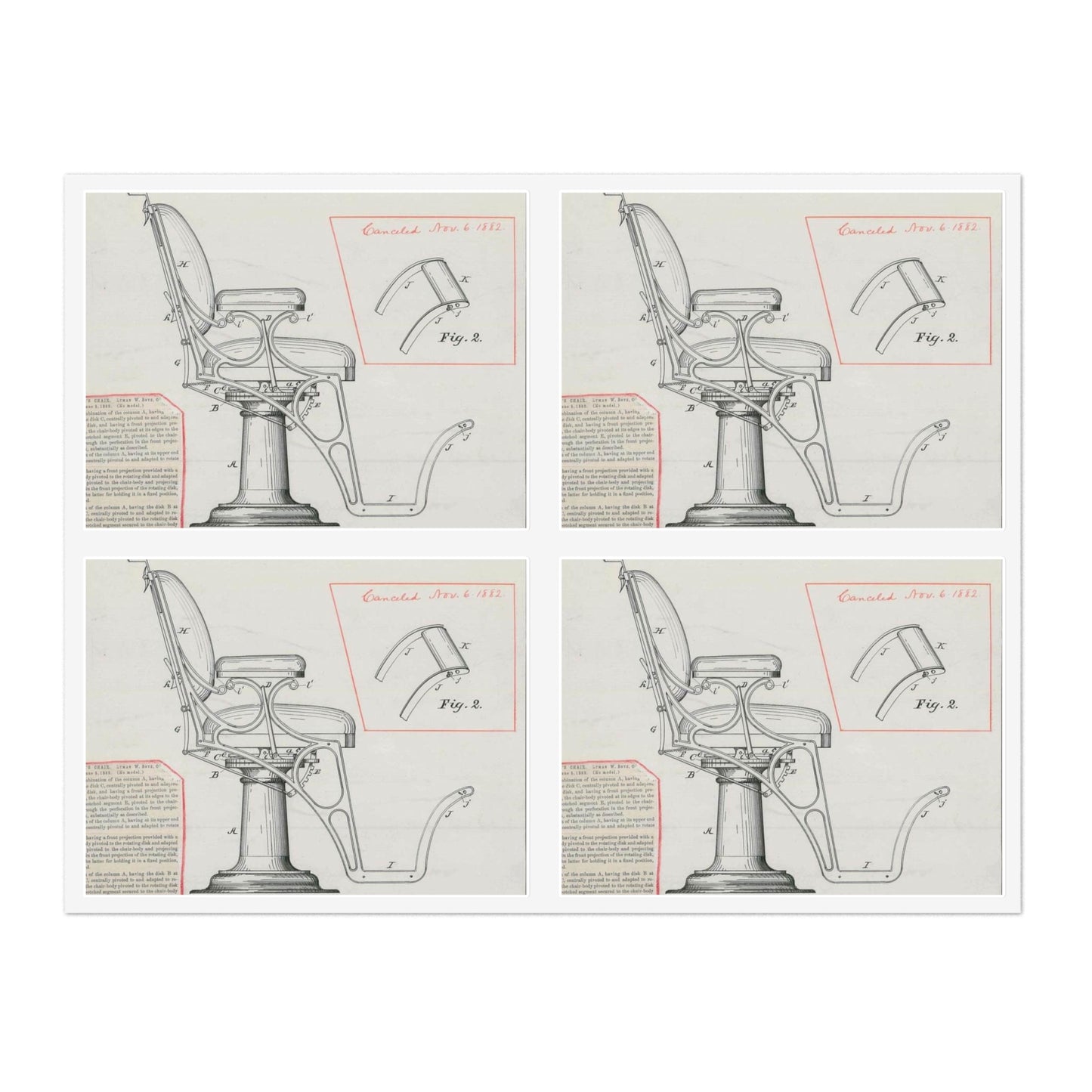 Patent drawing - for L. W. Boys' Barber's Chair Public domain image Laminated UV Protective Vinyl Stickers