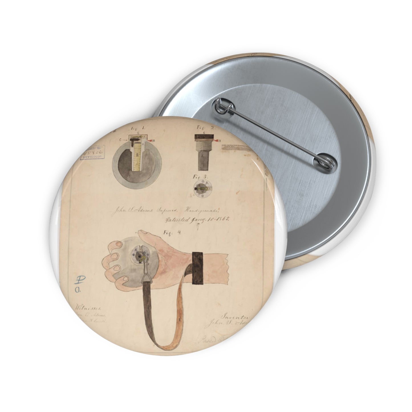 Patent drawing - Drawing of Improved Hand Grenade Public domain image Pin Buttons with Crisp Design