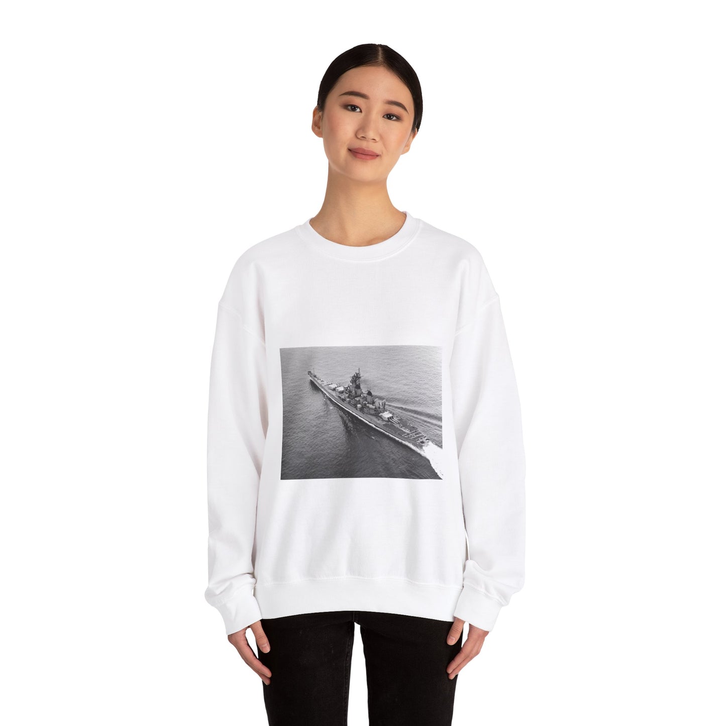 An elevated port quarter view of the battleship USS IOWA (BB 61) underway during sea trials White Heavy Blend Adult Crew Neck SweatShirt