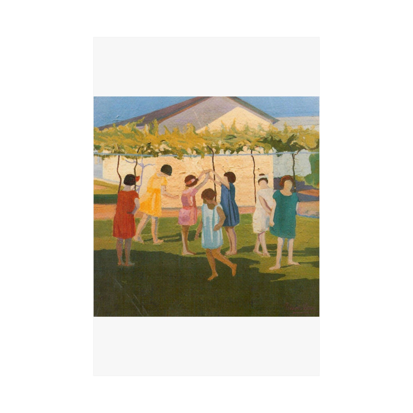 Petrona Viera - A painting of a group of children playing with a kite High Quality Matte Wall Art Poster for Home, Office, Classroom