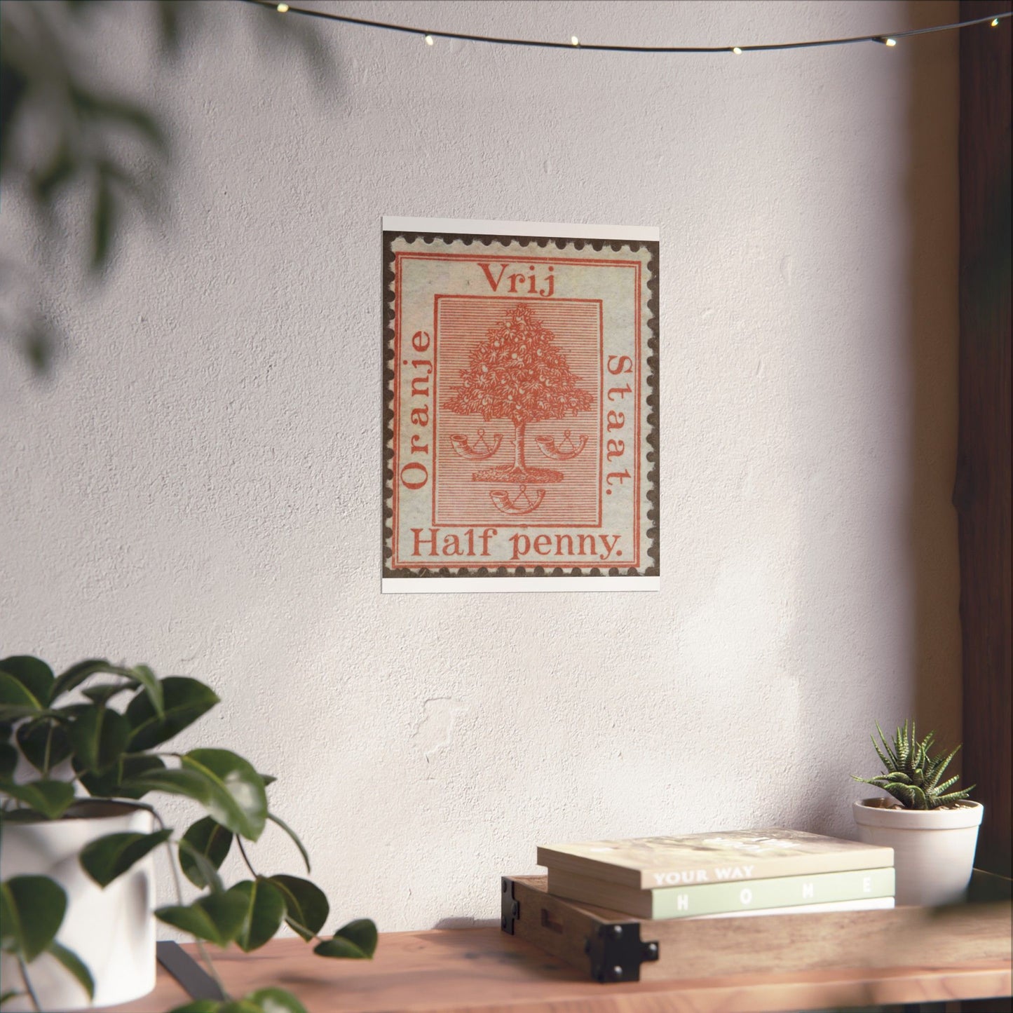 Frimärke ur Gösta Bodmans filatelistiska motivsamling, påbörjad 1950.Frimärke från Oranje -Fristaten. Motiv av apelsinträd med frukter och posthorn. High Quality Matte Wall Art Poster for Home, Office, Classroom