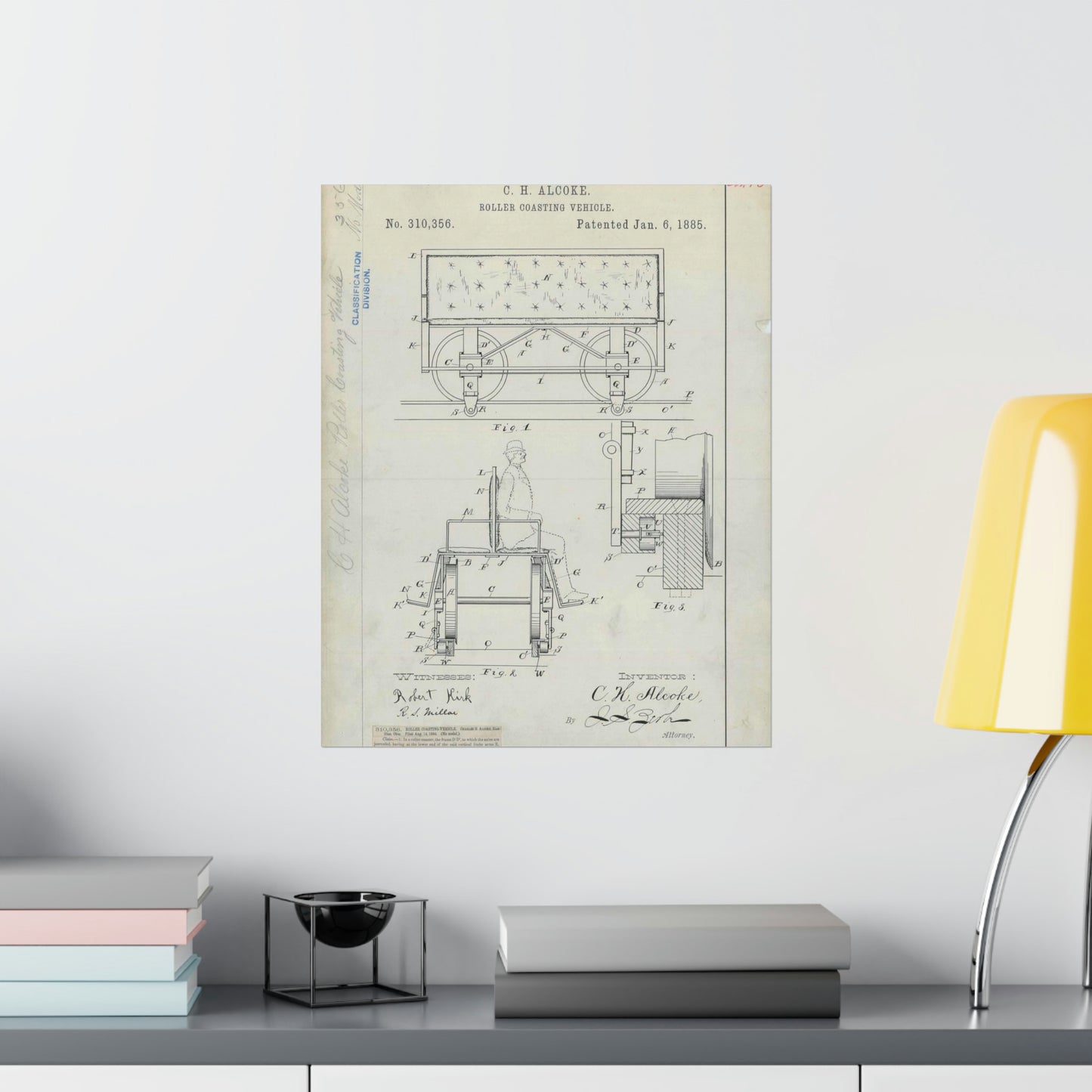Patent Drawing of Engine - for C. H. Alcoke's Roller Coasting Vehicle Public domain image High Quality Matte Wall Art Poster for Home, Office, Classroom