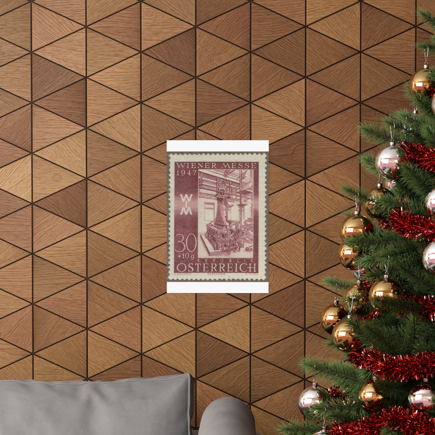 Frimärke ur Gösta Bodmans filatelistiska motivsamling, påbörjad 1950.Frimärke från Österrike, 1947. Motiv av jacquardvävstol i Österrike 1947. "Wienermässan 1947" High Quality Matte Wall Art Poster for Home, Office, Classroom