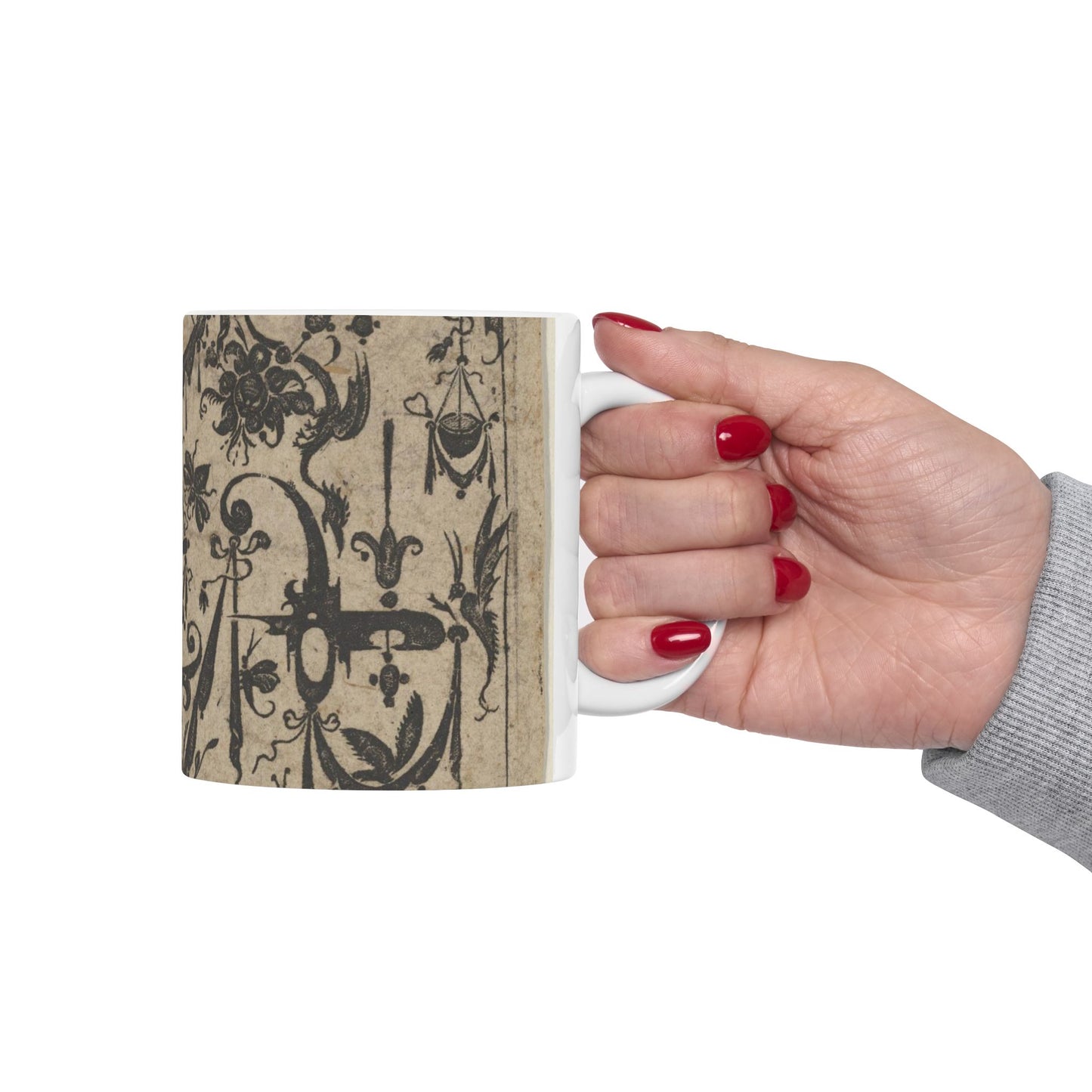 Blackwork Print with a Trophy at Center Surrounded by Grotesques and Swag Drapery Beautiful Novelty Ceramic Coffee Mug 11oz