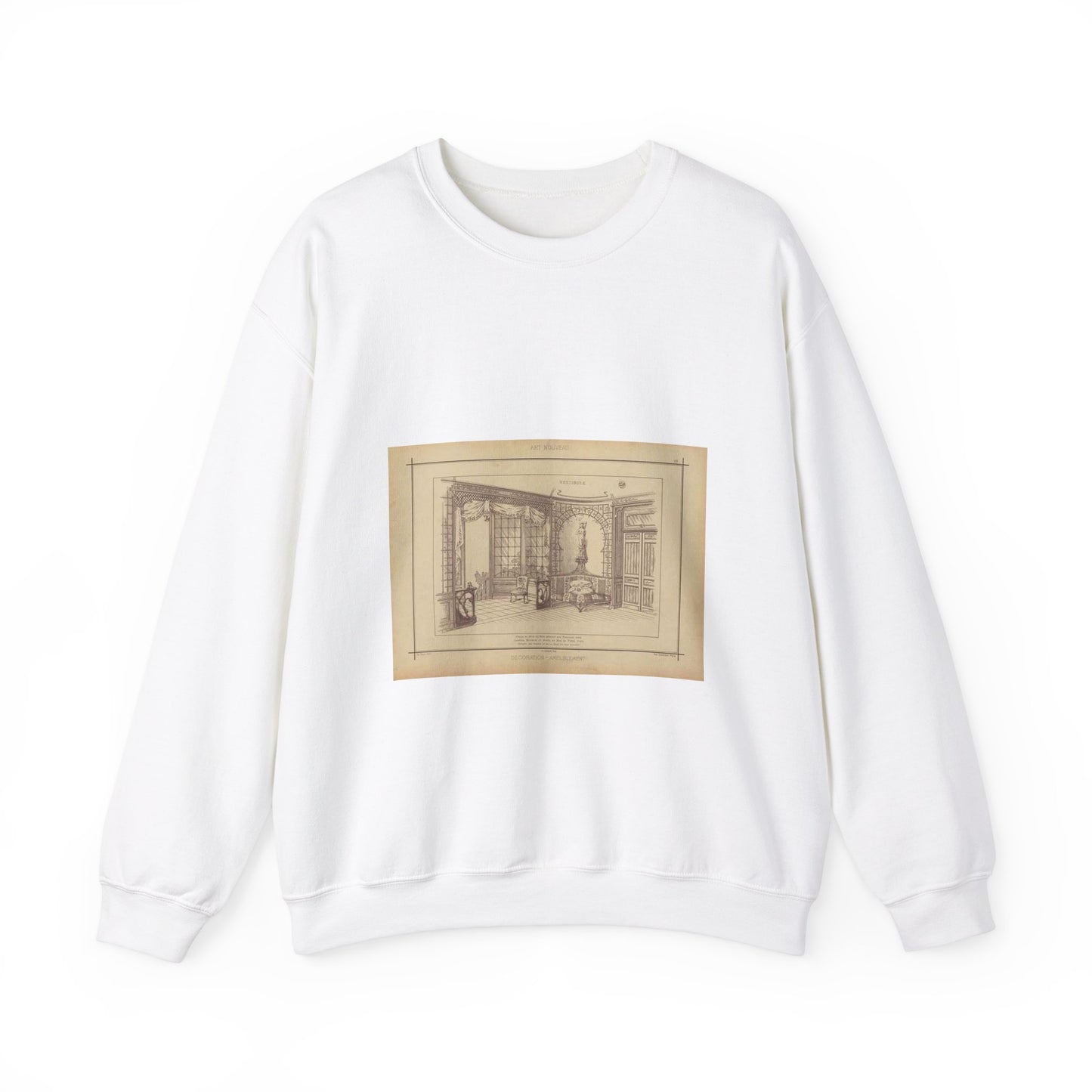 Vestibule : décor de baie en bois découpé sur treillage doré. Lambris, meubles et porte en bois de frêne verni. Etoffe des sièges et de la baie en soie brochée. White Heavy Blend Adult Crew Neck SweatShirt