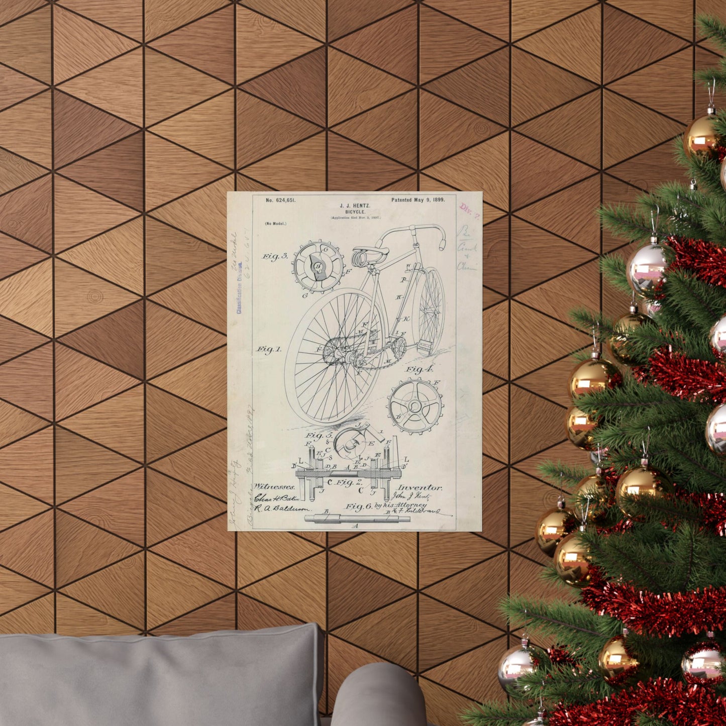 Patent drawing - for J. J. Hentz' Bicycle Public domain image High Quality Matte Wall Art Poster for Home, Office, Classroom
