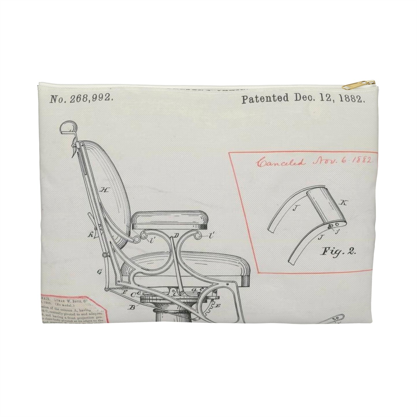 Patent drawing - for L. W. Boys' Barber's Chair Public domain image Large Organizer Pouch with Black Zipper