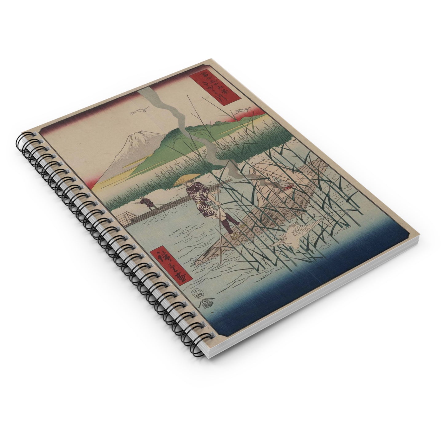18 - The Sagami River - A painting of a man standing on a boat in a body of water Spiral Bound Ruled Notebook with Printed Cover