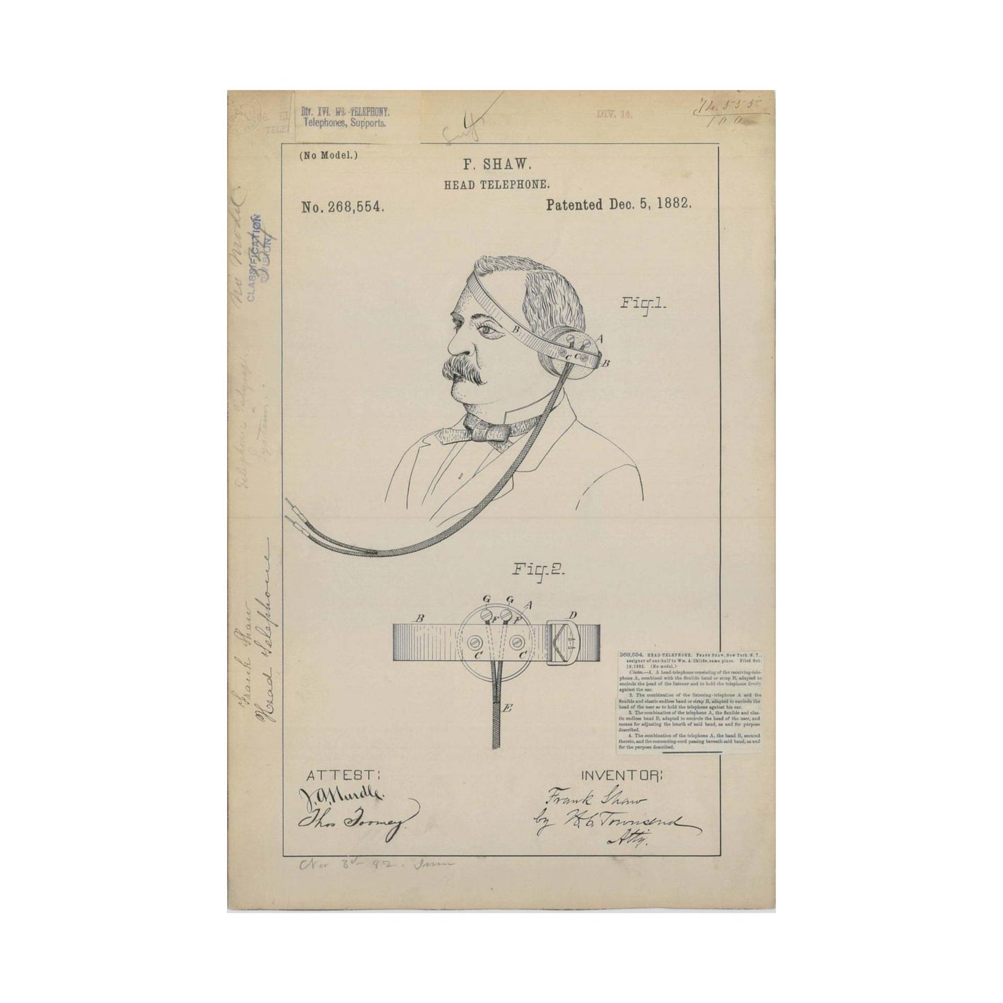 Patent drawing - for F. Shaw's Head Telephone Public domain image High Quality Matte Wall Art Poster for Home, Office, Classroom