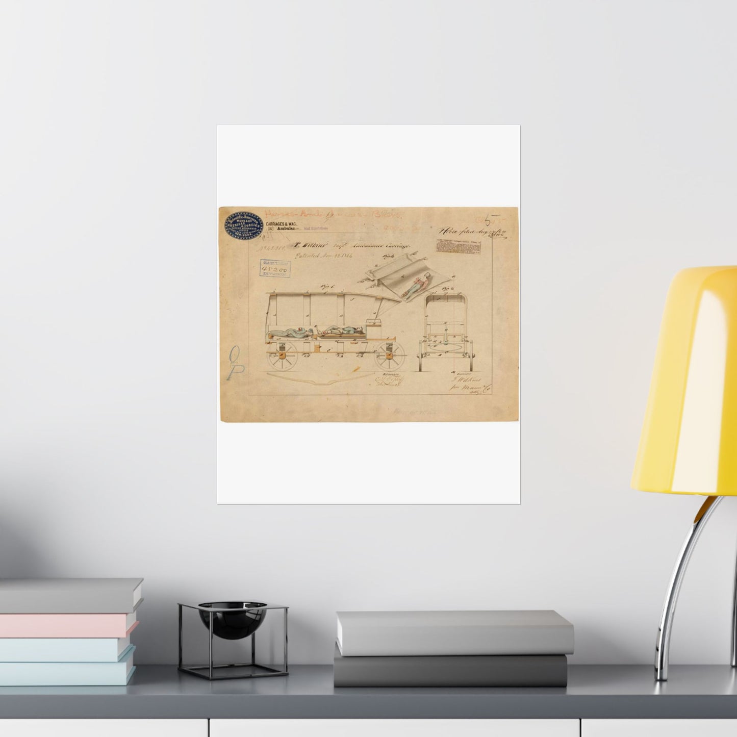 Patent drawing - Drawing of Improved Ambulance Carriage Public domain image High Quality Matte Wall Art Poster for Home, Office, Classroom