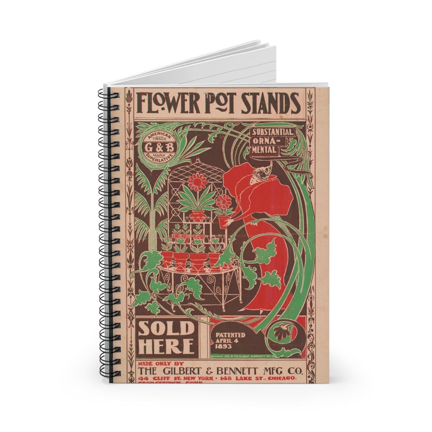 Flower pot stands sold here - Public domain engraving Spiral Bound Ruled Notebook with Printed Cover