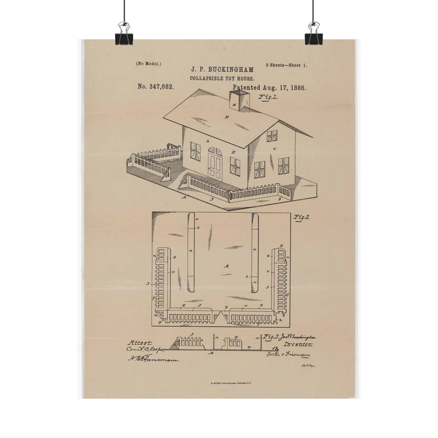 Patent Drawing of Engine - Drawing for a Collapsible Toy House Public domain image High Quality Matte Wall Art Poster for Home, Office, Classroom