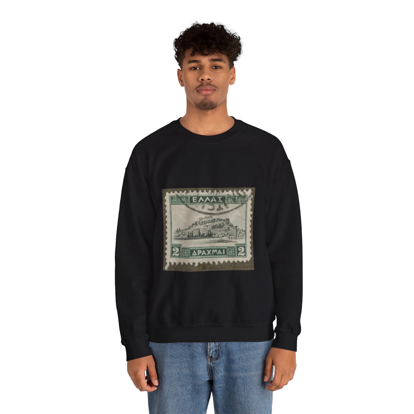Frimärke ur Gösta Bodmans filatelistiska motivsamling, påbörjad 1950.Frimärke från Grekland, 1927. Motiv av Akropolis. Black Heavy Blend Adult Crew Neck SweatShirt